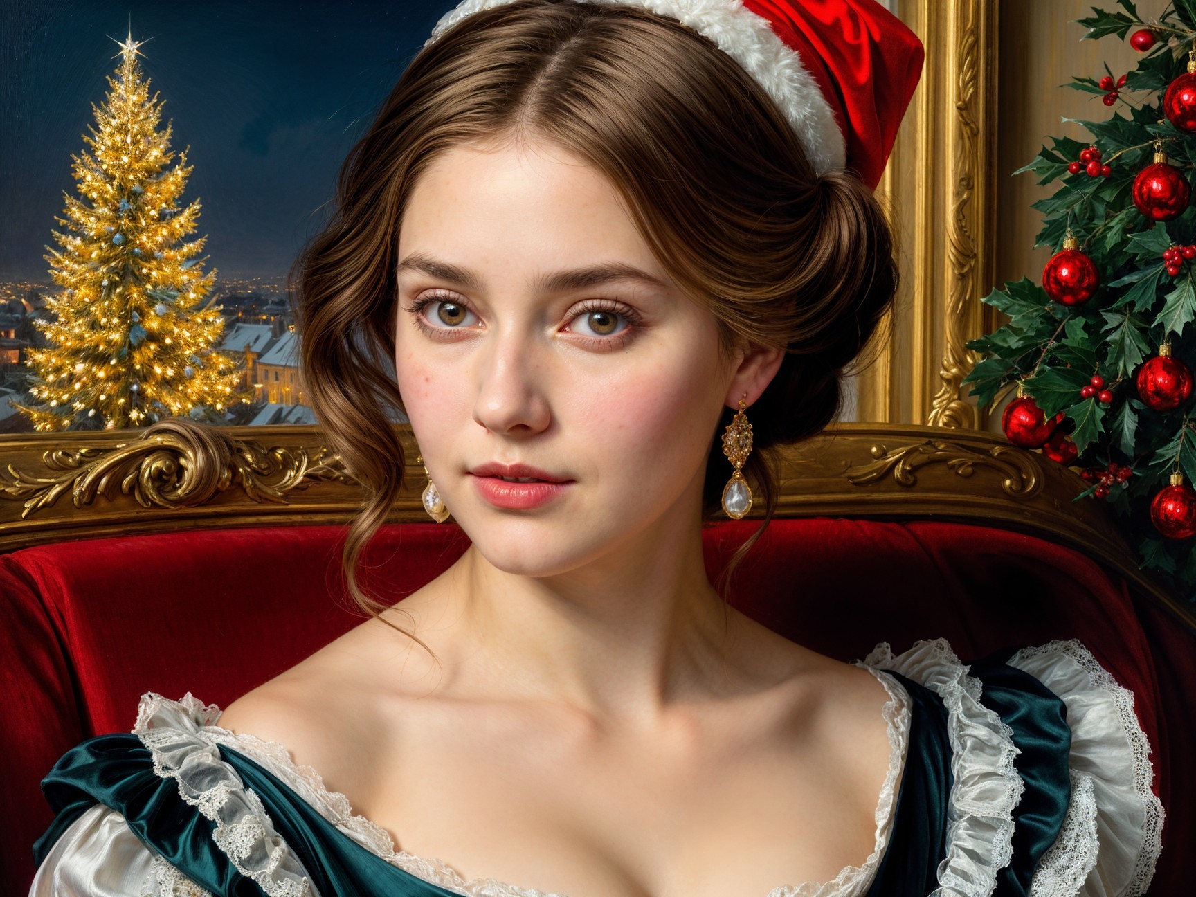 Young Woman in Festive Outfit by Christmas Tree