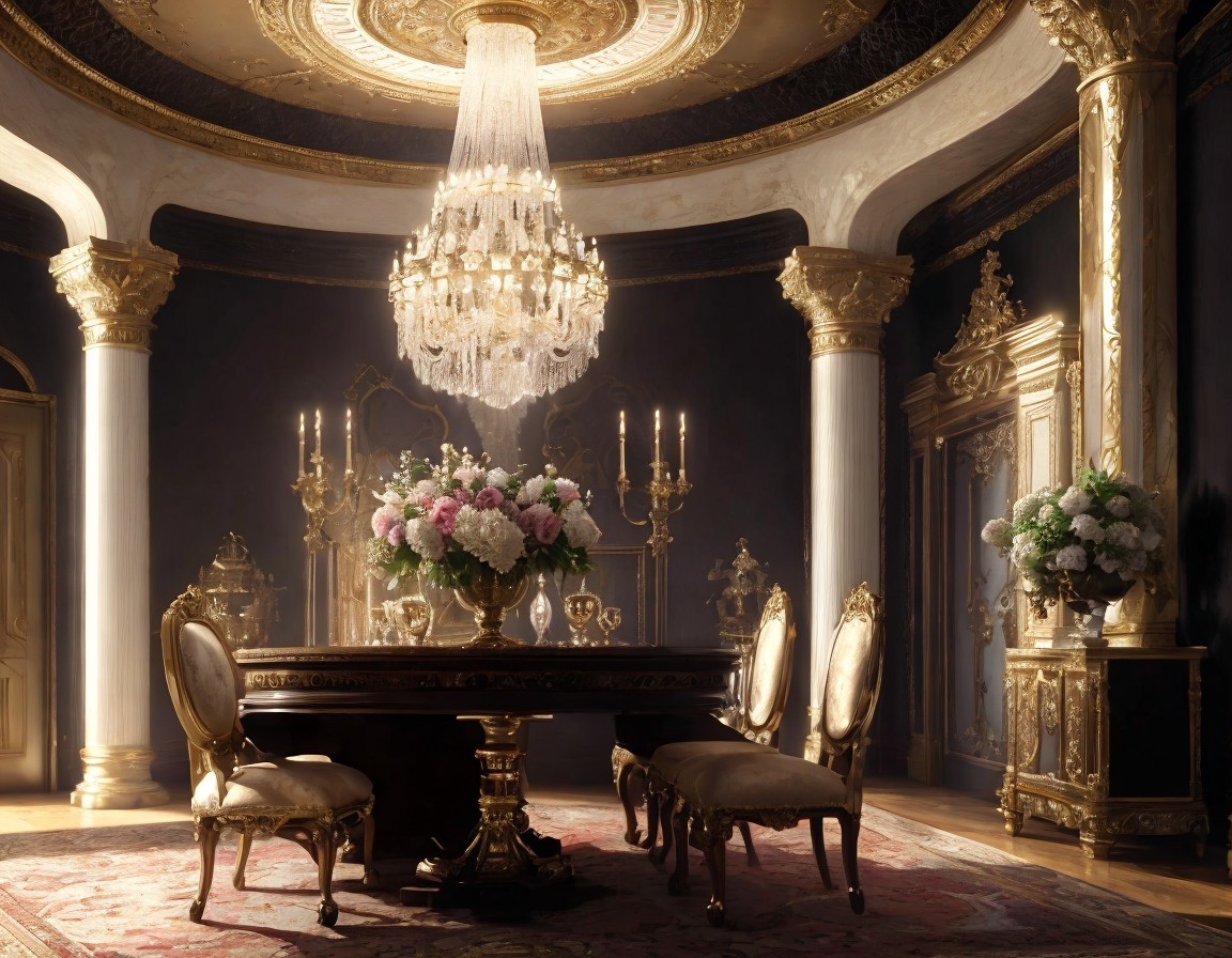 Opulent Dining Room with Grand Chandelier and Decor