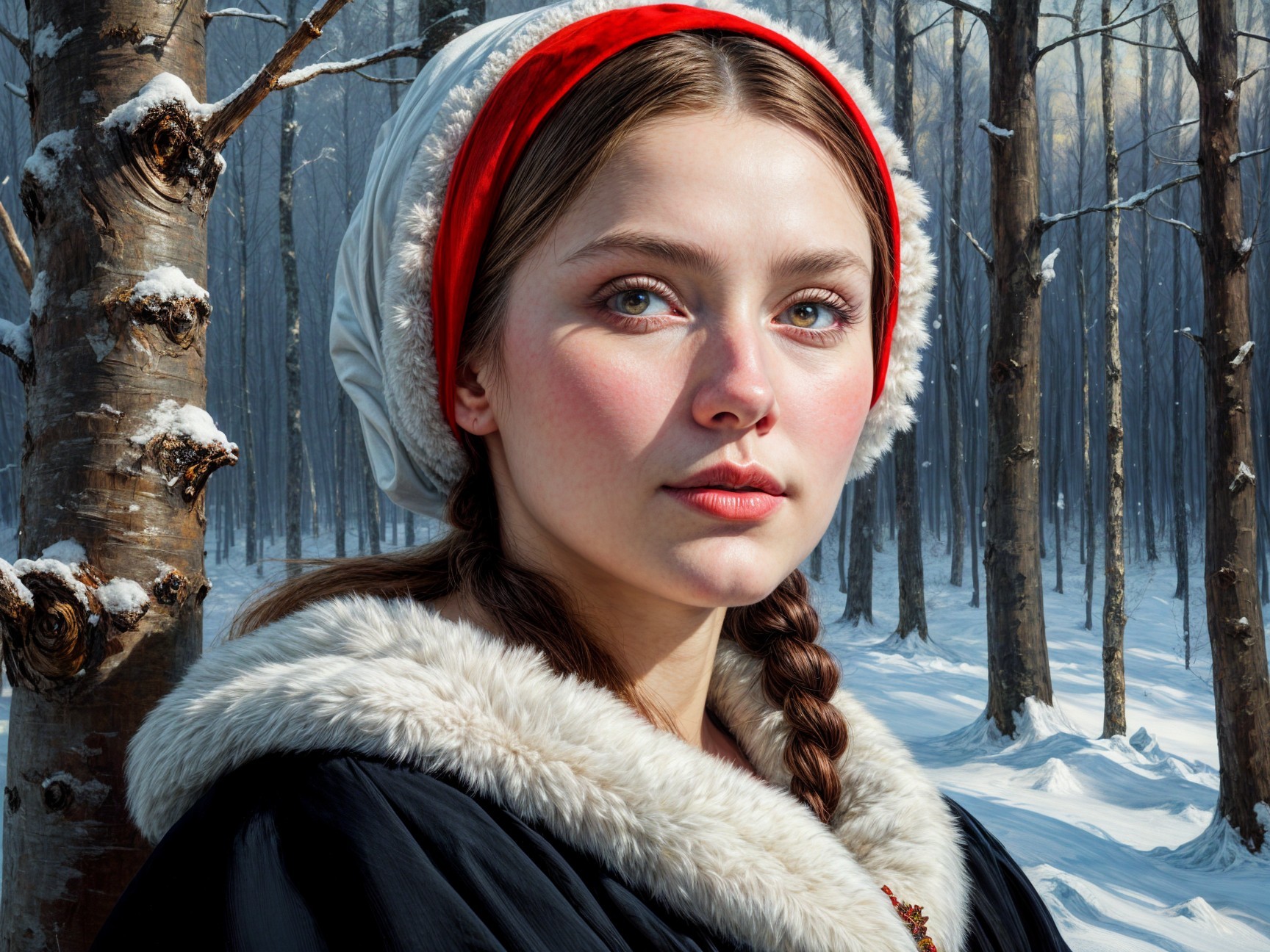 Young woman in snowy forest with serene expression