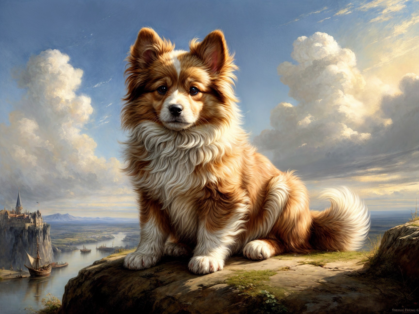 Fluffy Orange-and-White Dog on Rocky Ledge Overlooking Landscape