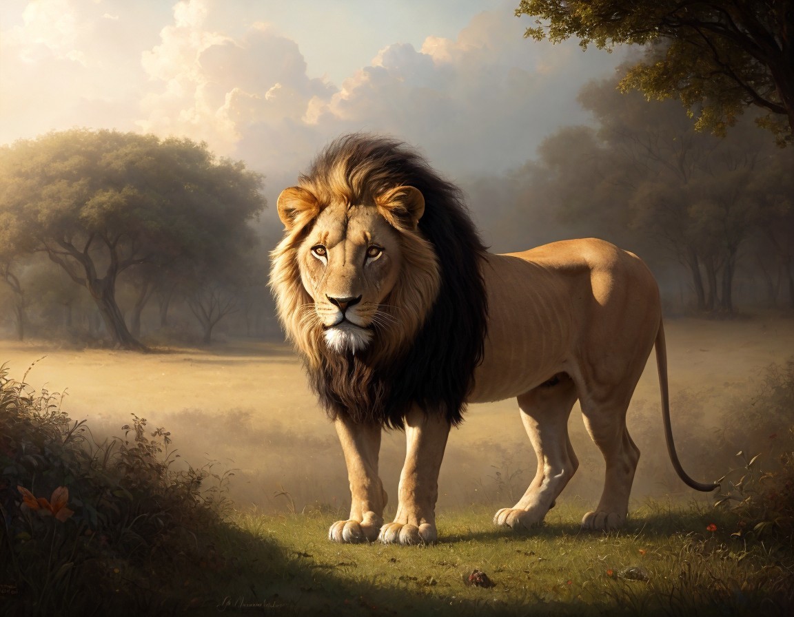 Majestic lion in serene forest clearing