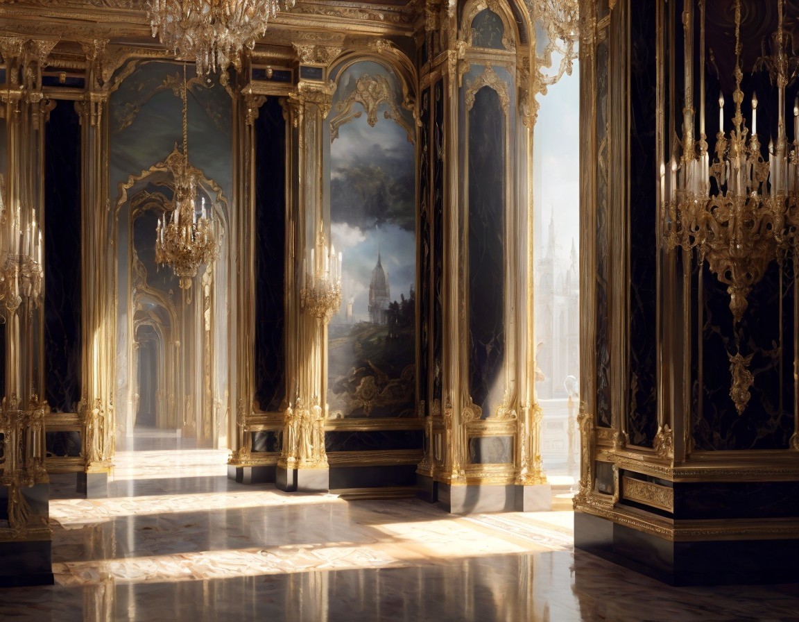 Luxurious ballroom with gold details, crystal chandeliers, and sunlit windows.