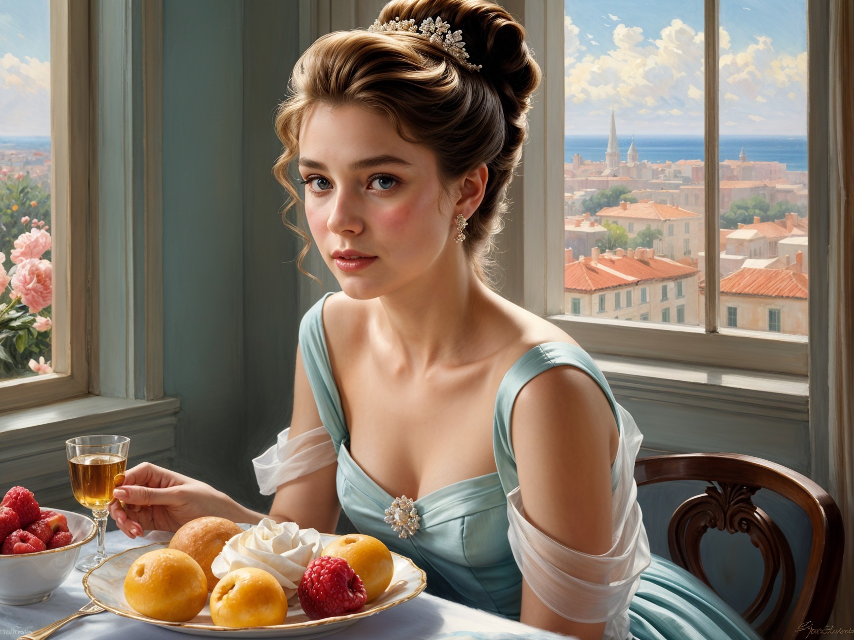 Young Woman in Blue Gown at Sunlit Table with Pastries
