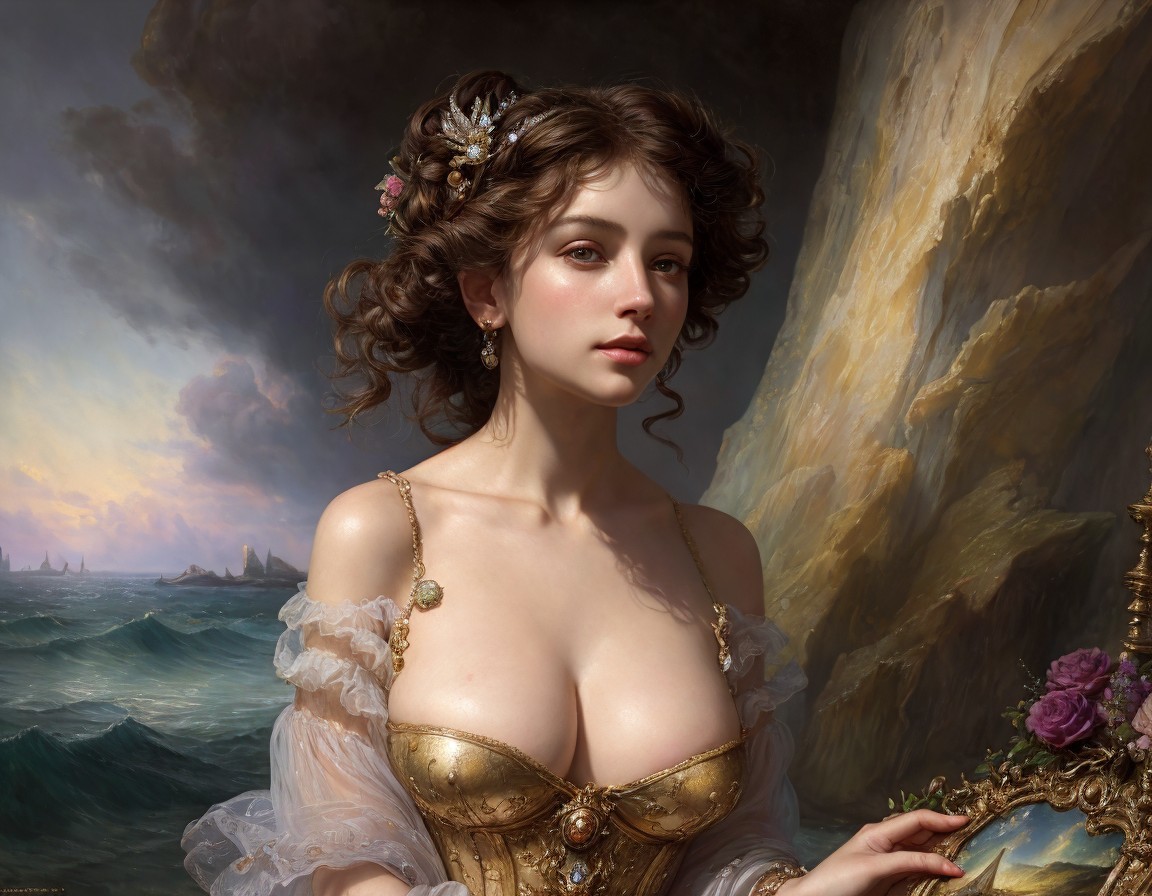 Portrait of Woman with Curly Brown Hair and Floral Adornments in Golden Corset on Stormy