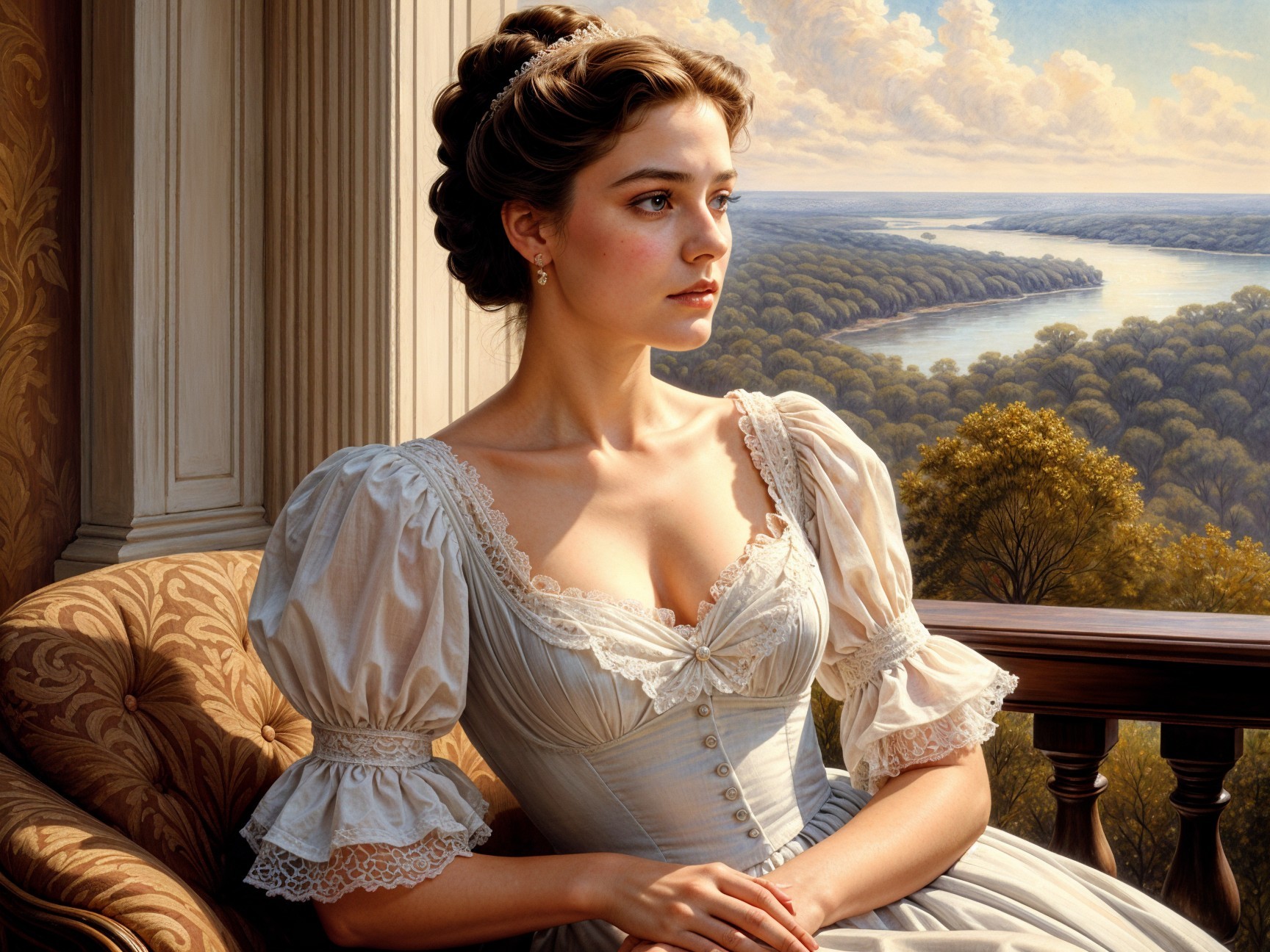 Young Woman in Vintage Gown by Scenic Window
