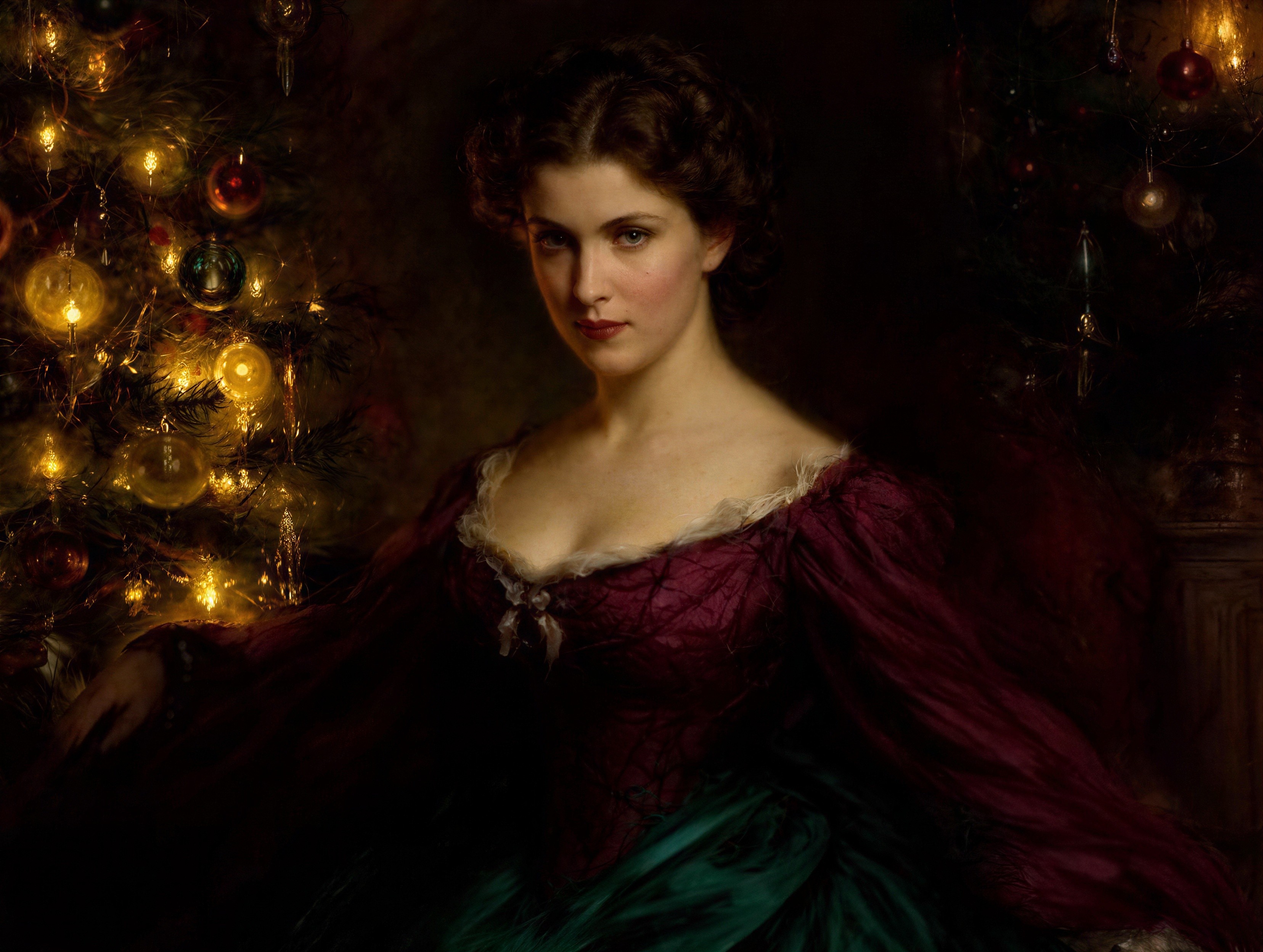 Elegant Oil Painting of Woman by Christmas Tree
