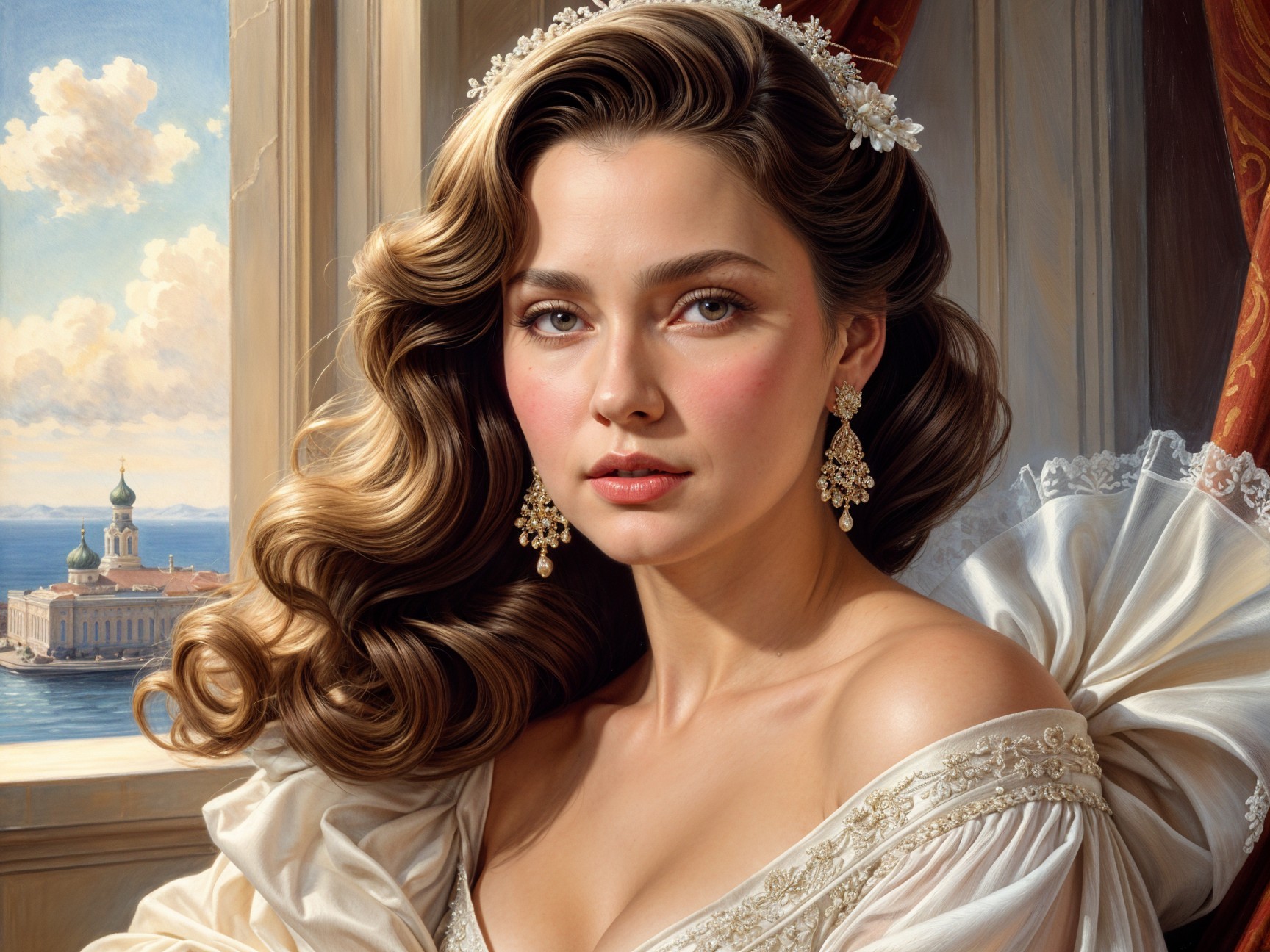 Elegant woman in ornate gown with scenic backdrop