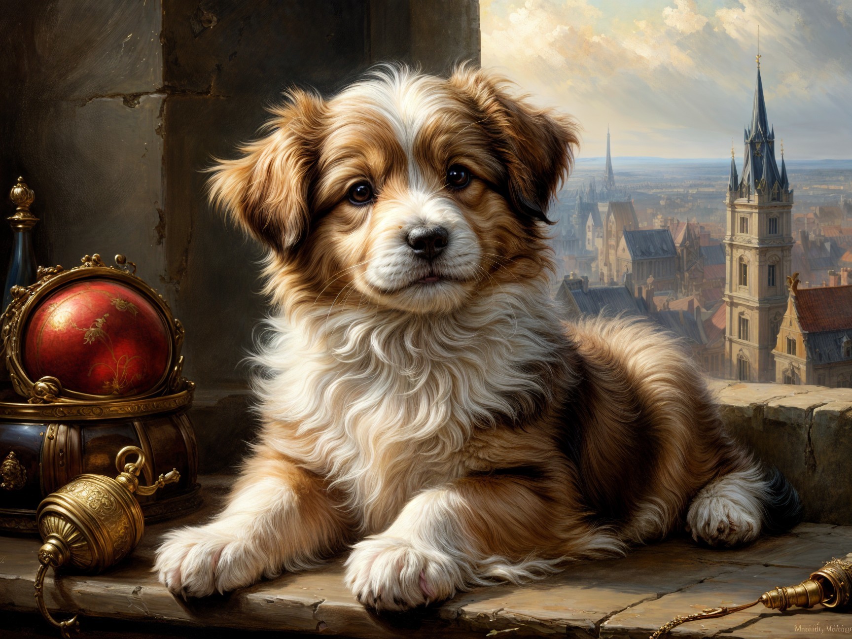 Fluffy Golden and White Puppy on Stone Ledge