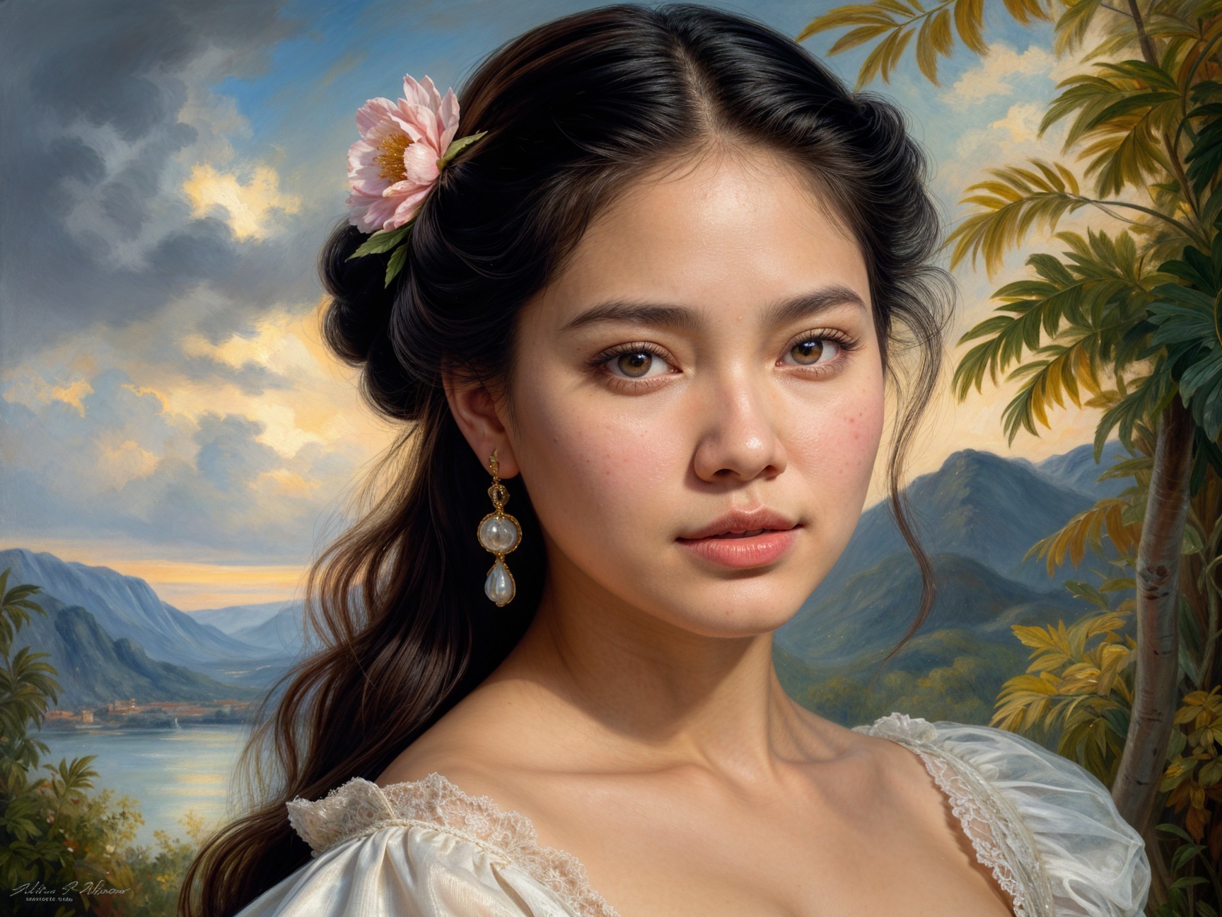Young woman in white dress with scenic mountain backdrop