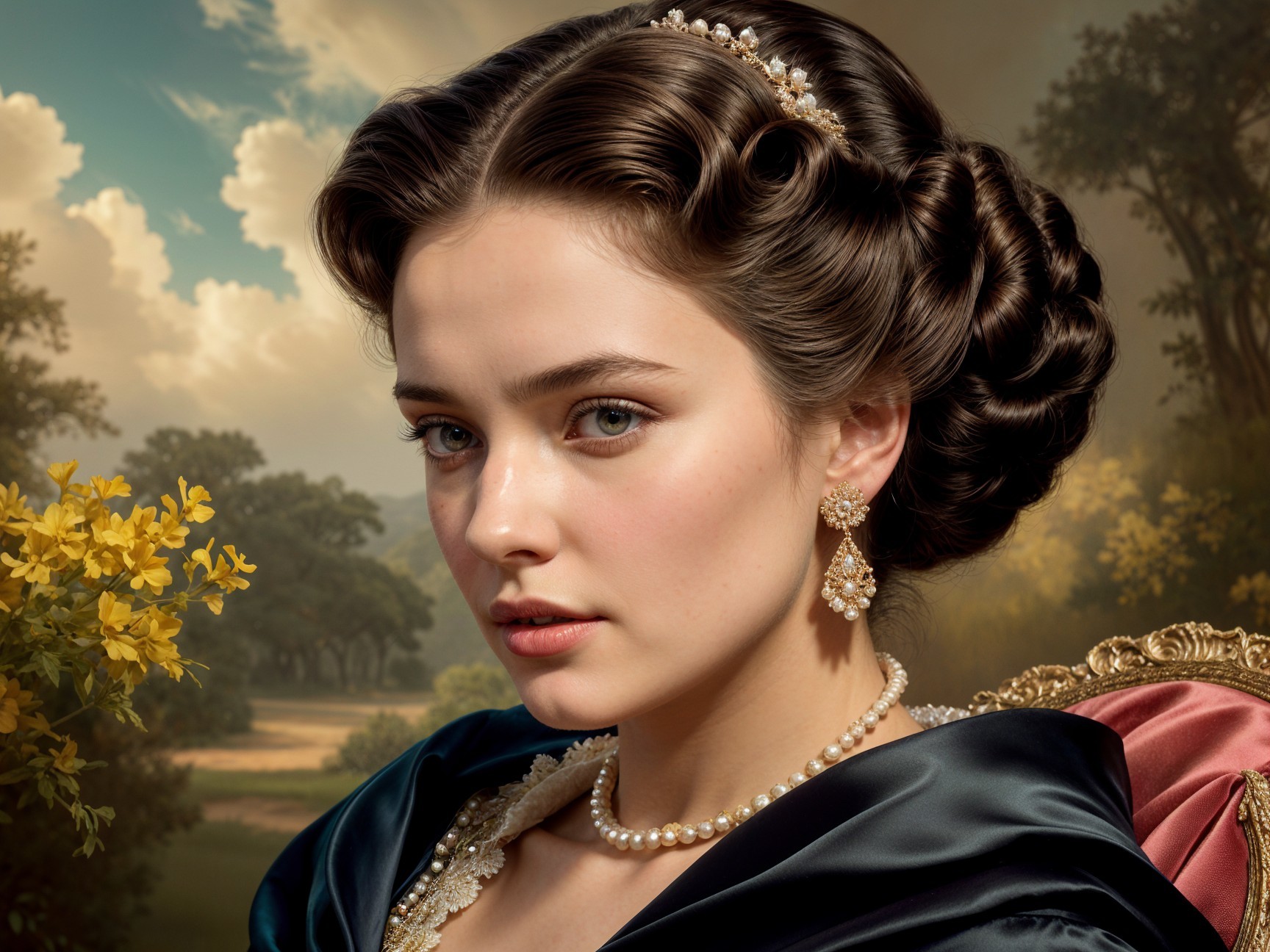 Portrait of a Woman in Blue Dress with Pearl Accents