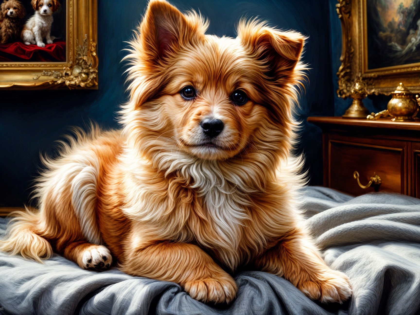 Golden-brown dog resting on a gray blanket indoors