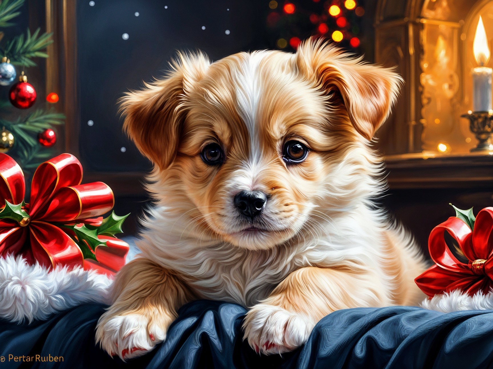 Fluffy Puppy Surrounded by Holiday Decorations