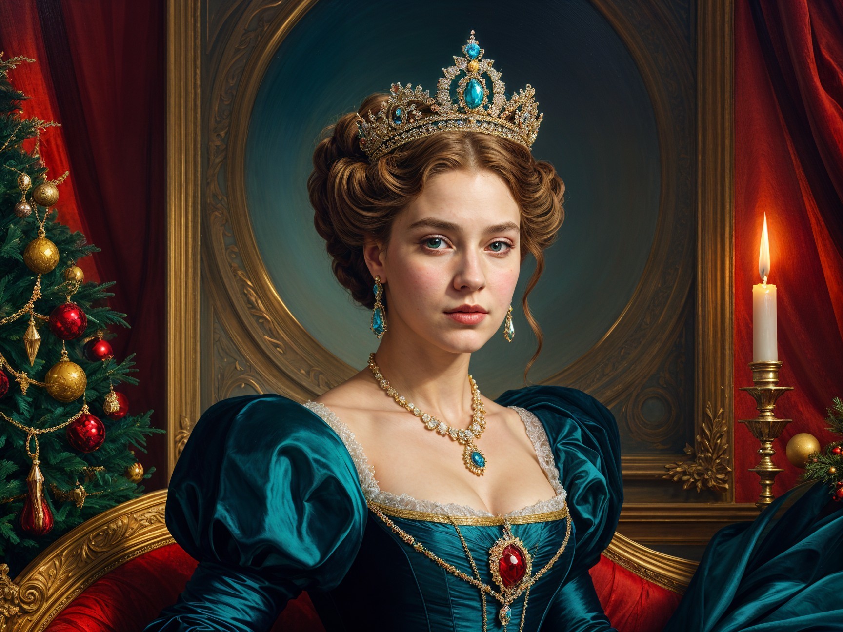 Regal Young Woman in Teal Gown with Elegant Decor