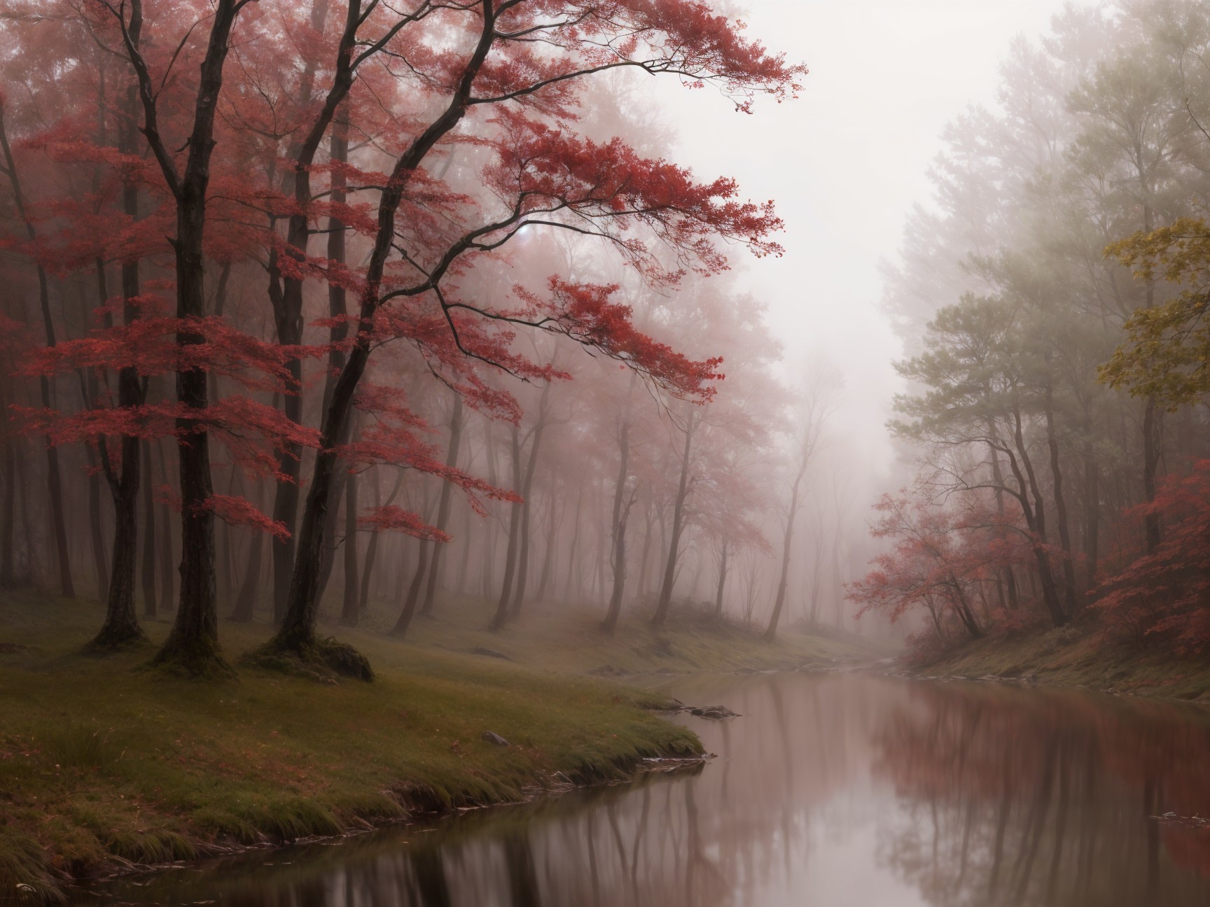 Serene forest scene with fog and vibrant red leaves