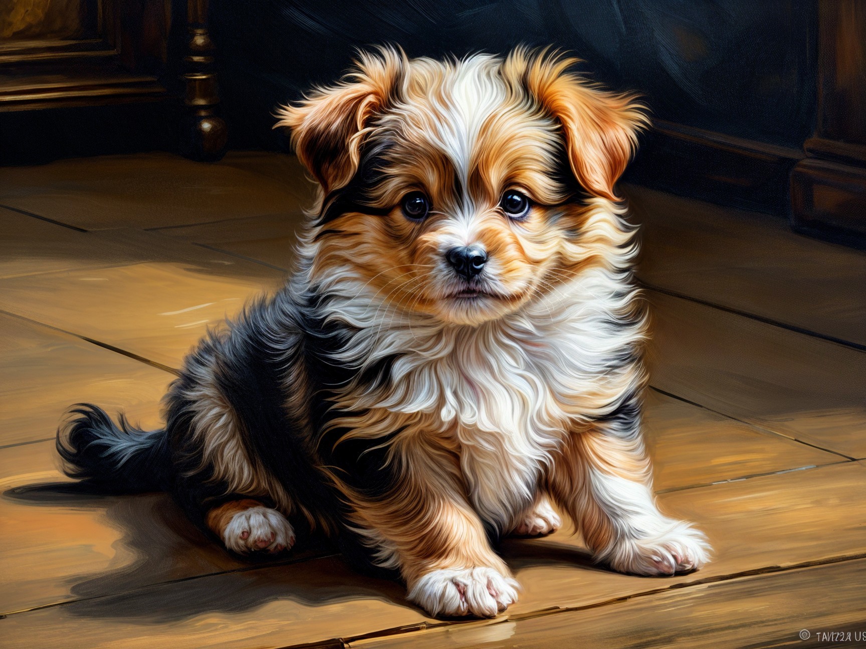 Fluffy Tan, Black, and White Puppy on Wooden Floor
