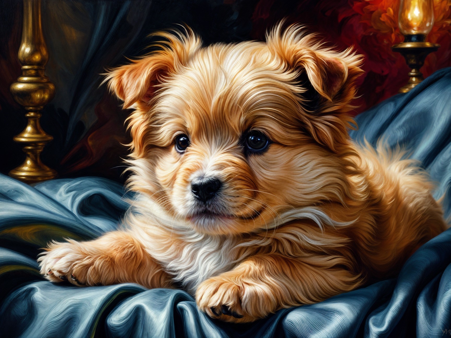 Fluffy Golden-Brown Puppy on Blue Fabric Background