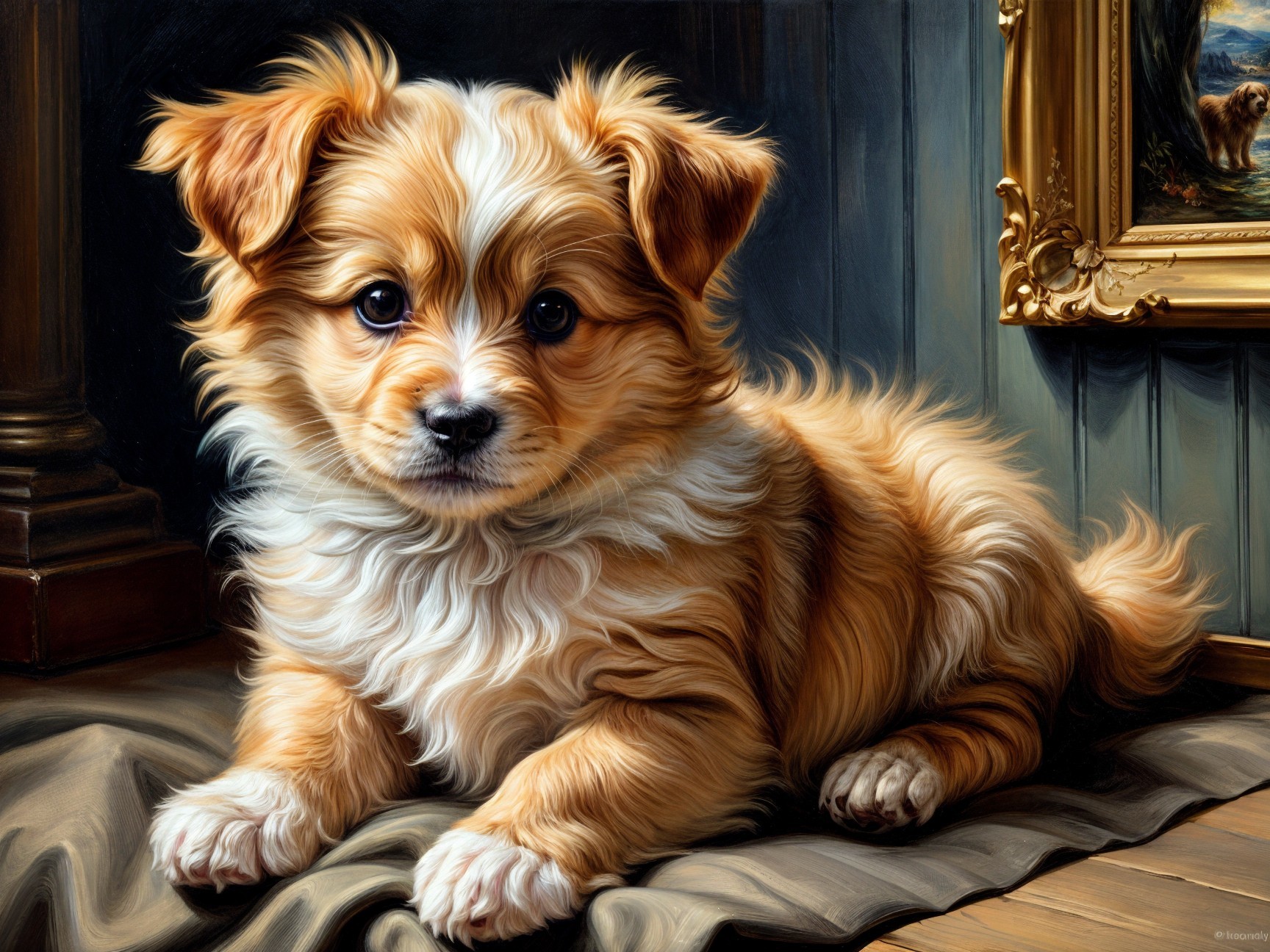 Fluffy Golden and White Puppy in Cozy Indoor Setting