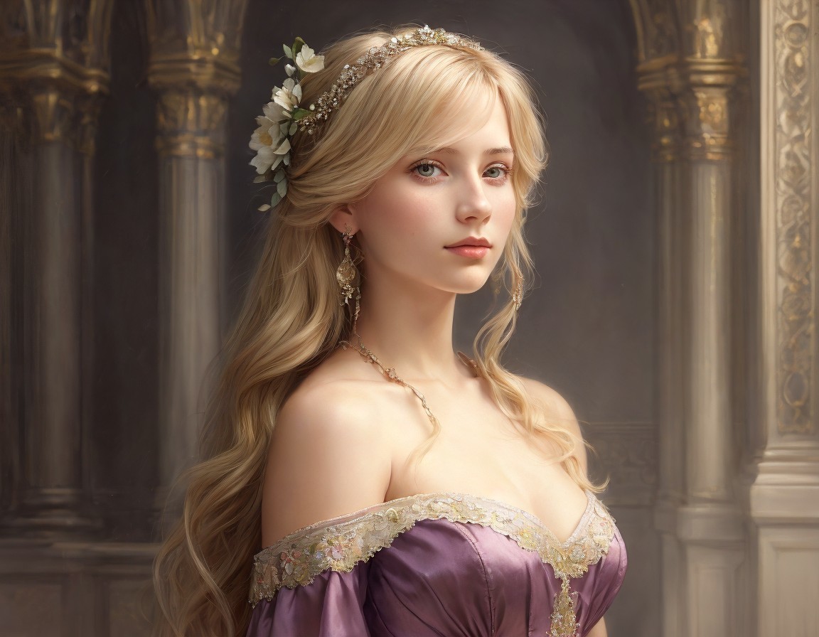 Elegant Young Woman in Purple Gown with Flowers