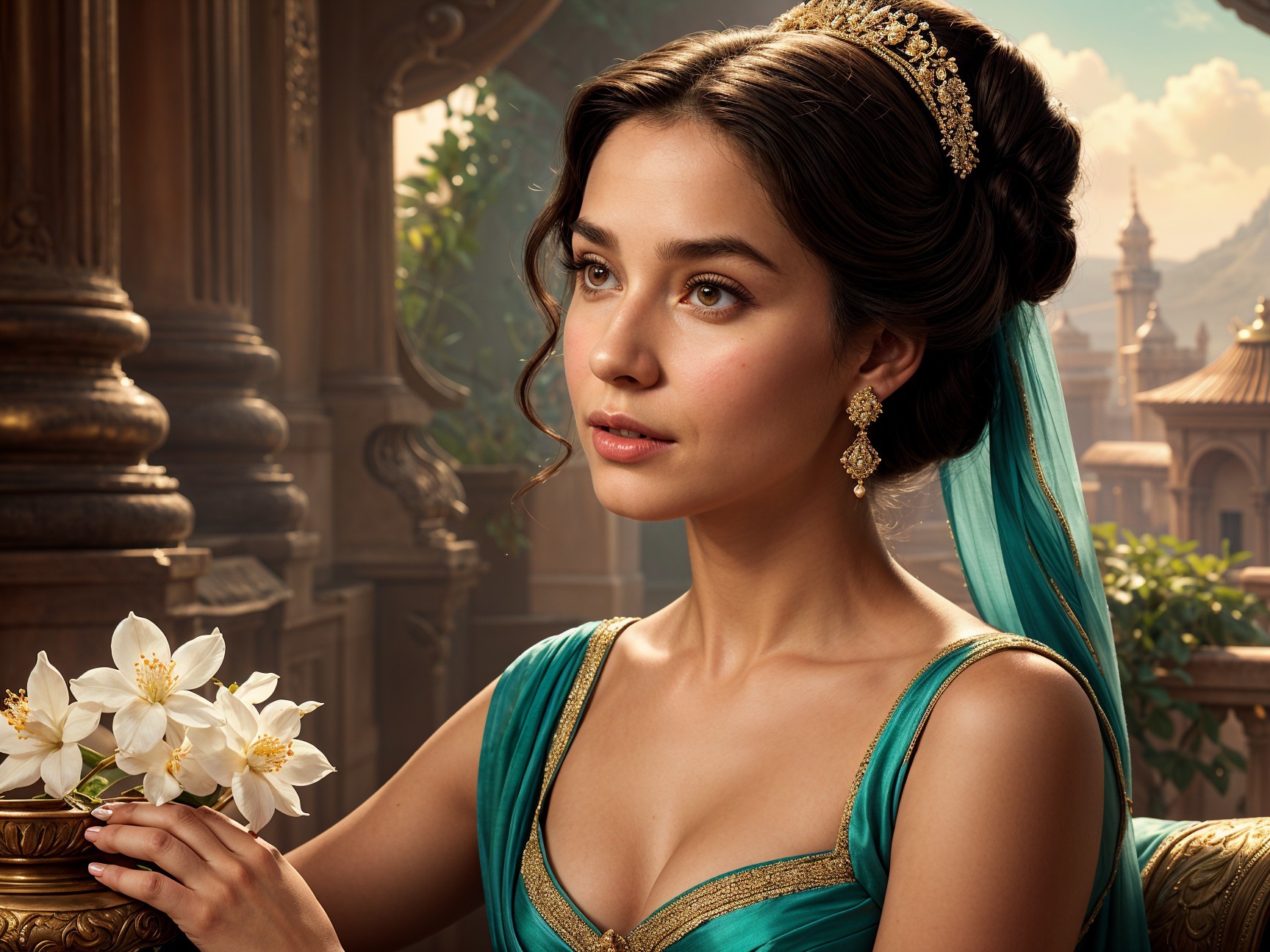 Young Woman in Teal Gown with Gold Accents and Flowers