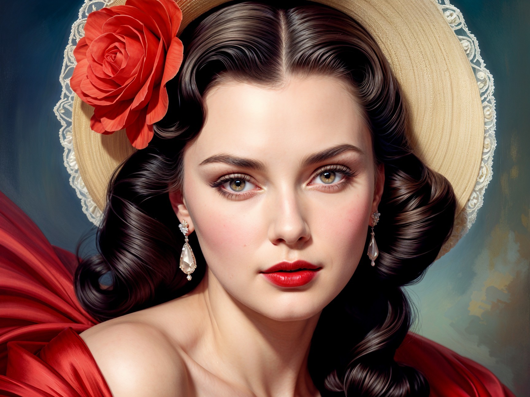 Portrait of a Woman with Red Rose and Straw Hat