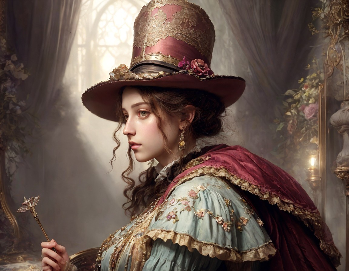 Vintage Dressed Woman with Scepter in Elegant Setting