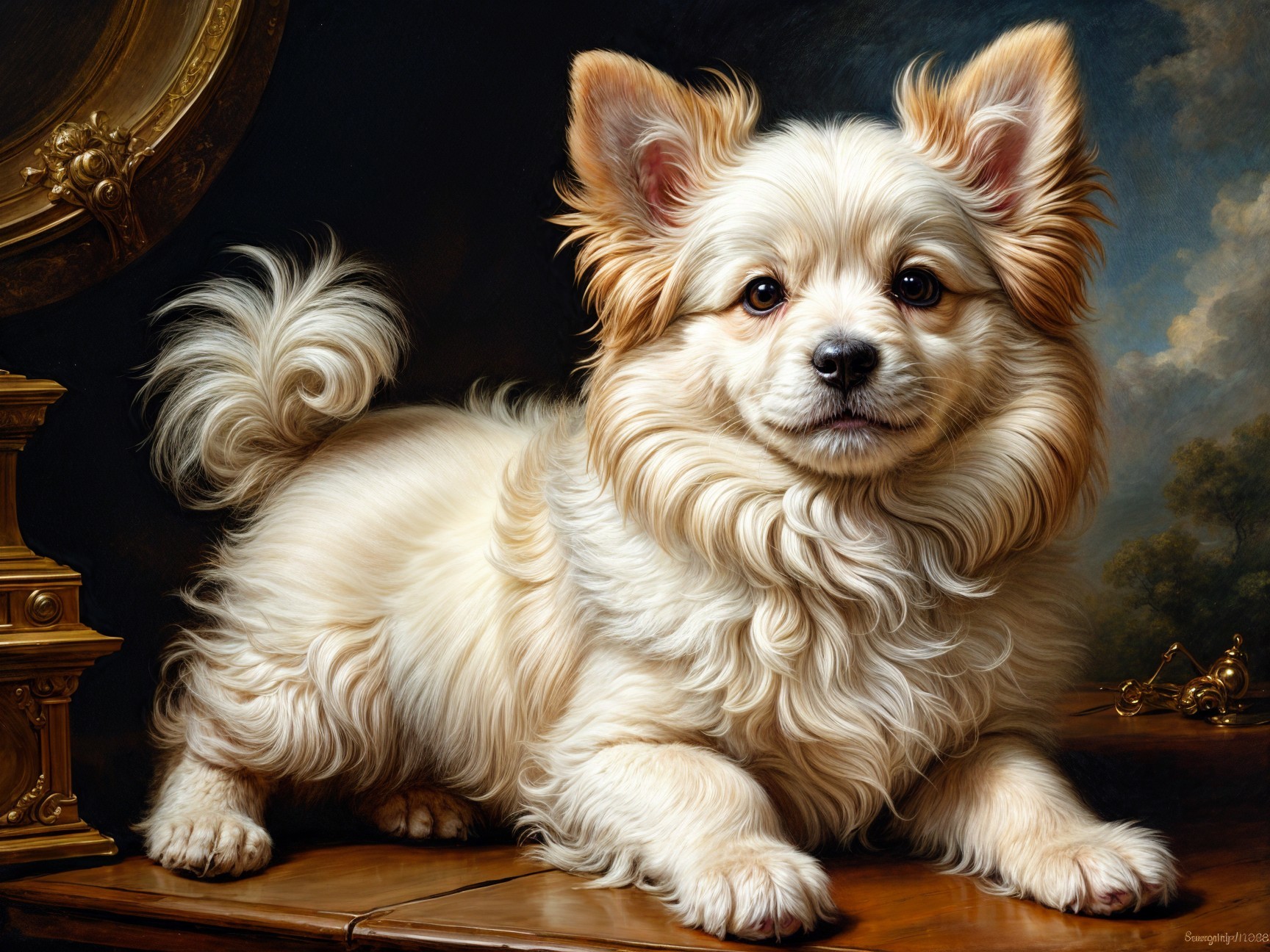 Fluffy Cream-Colored Dog on Polished Wooden Surface