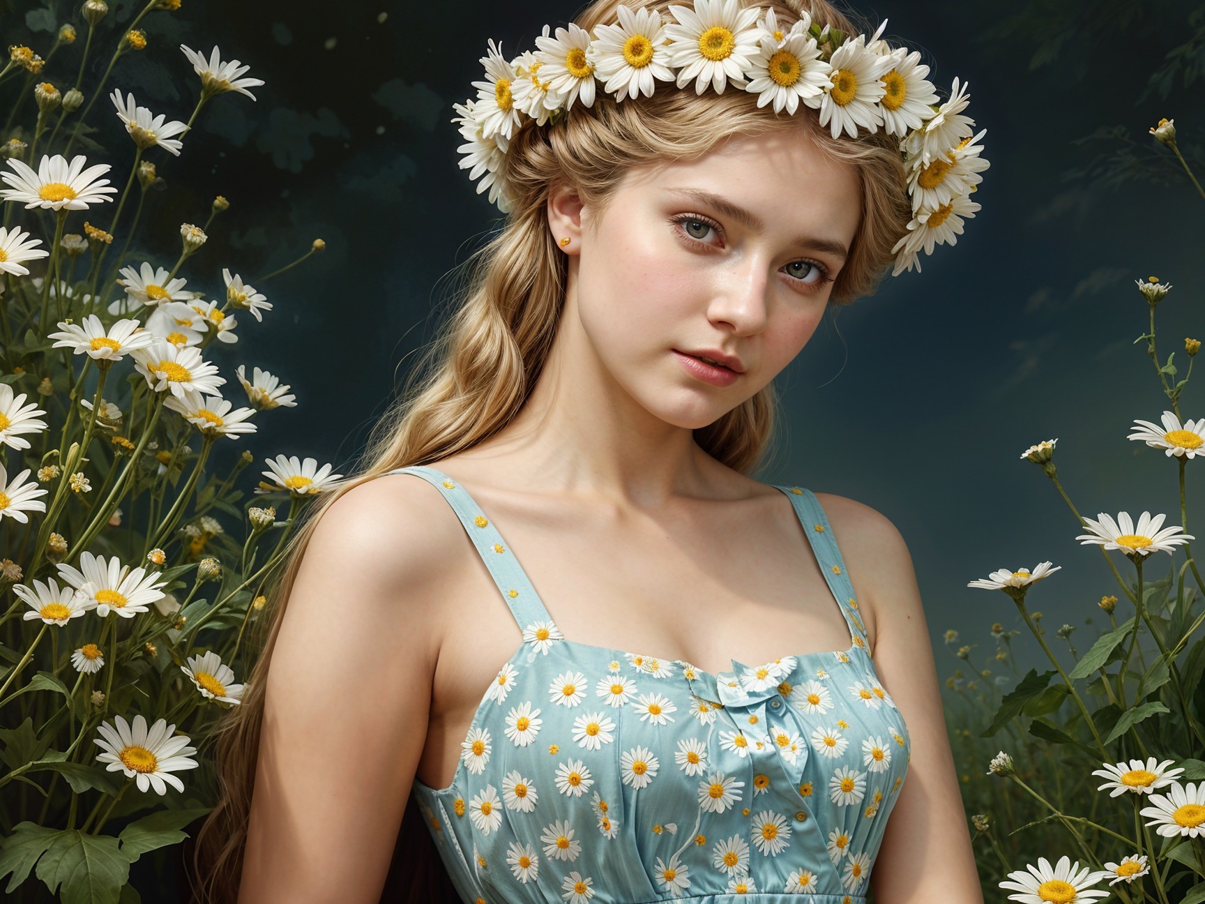 Young Woman in Blue Dress Surrounded by White Flowers