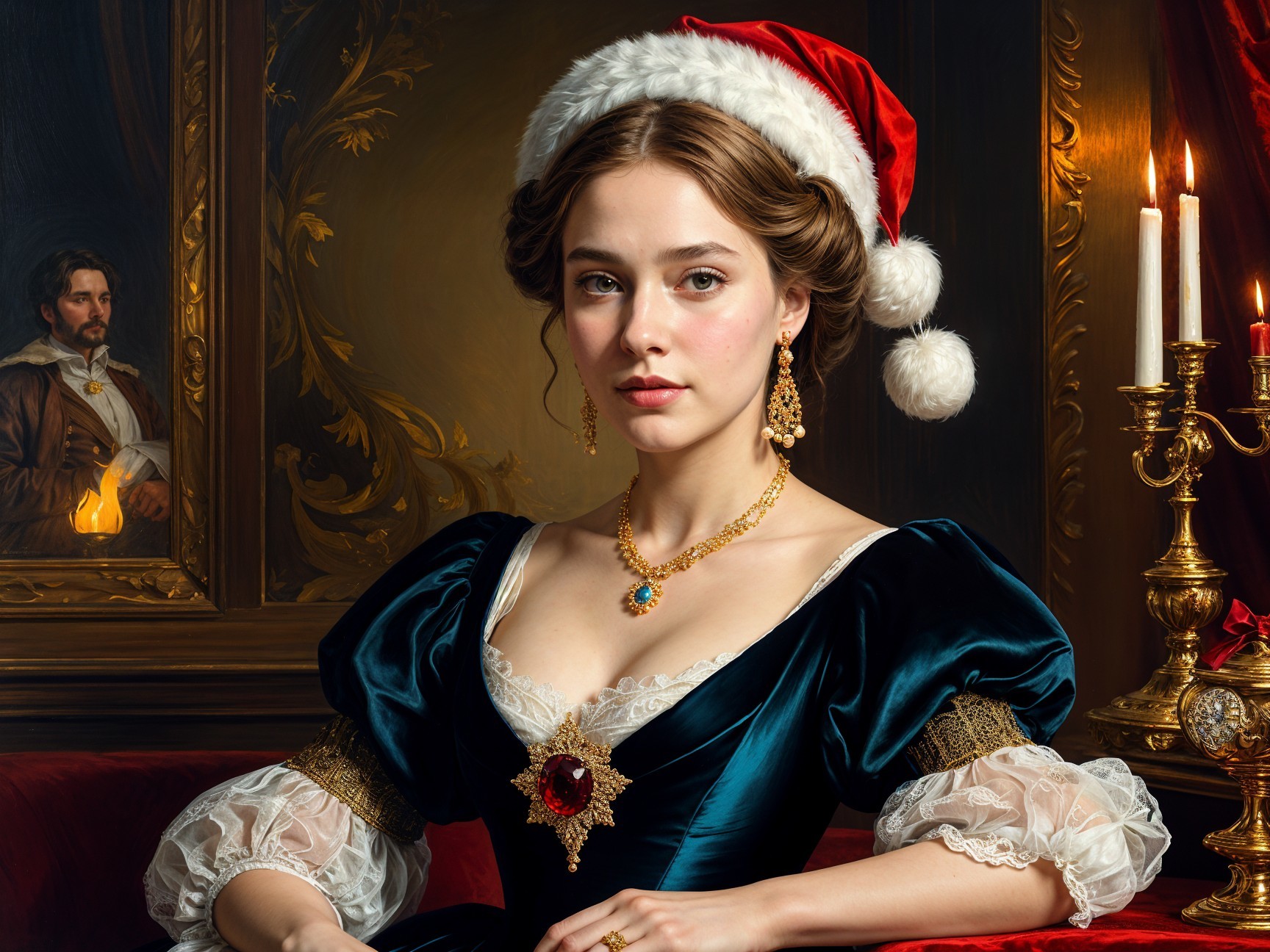 Elegant Young Woman in Blue Gown with Santa Hat