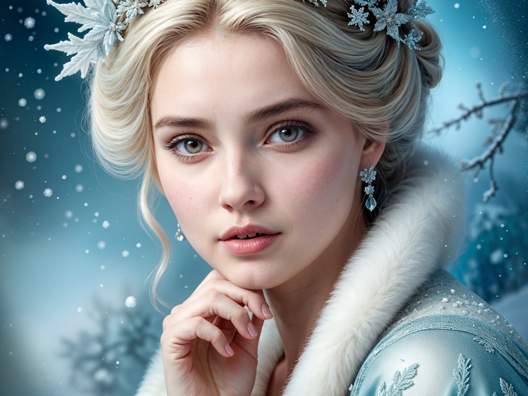 Young woman in icy blue gown in winter wonderland