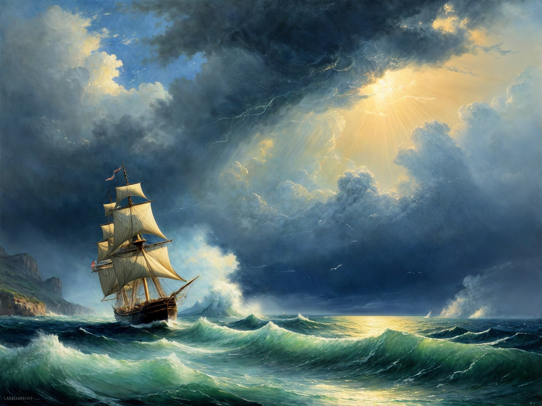 Majestic sailing ship in turbulent waves and dramatic sky