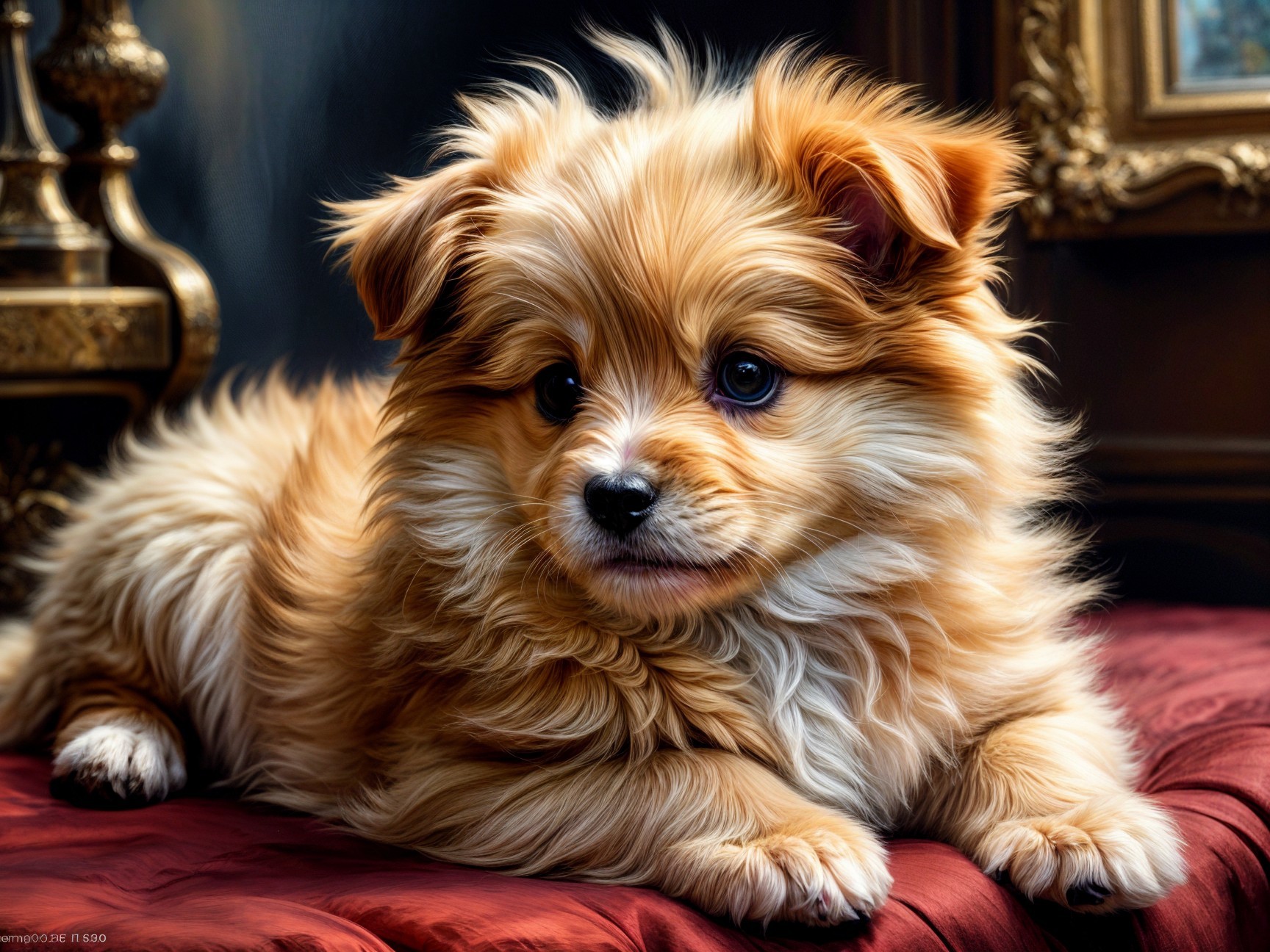 Fluffy Golden-Brown Puppy on Burgundy Fabric Background