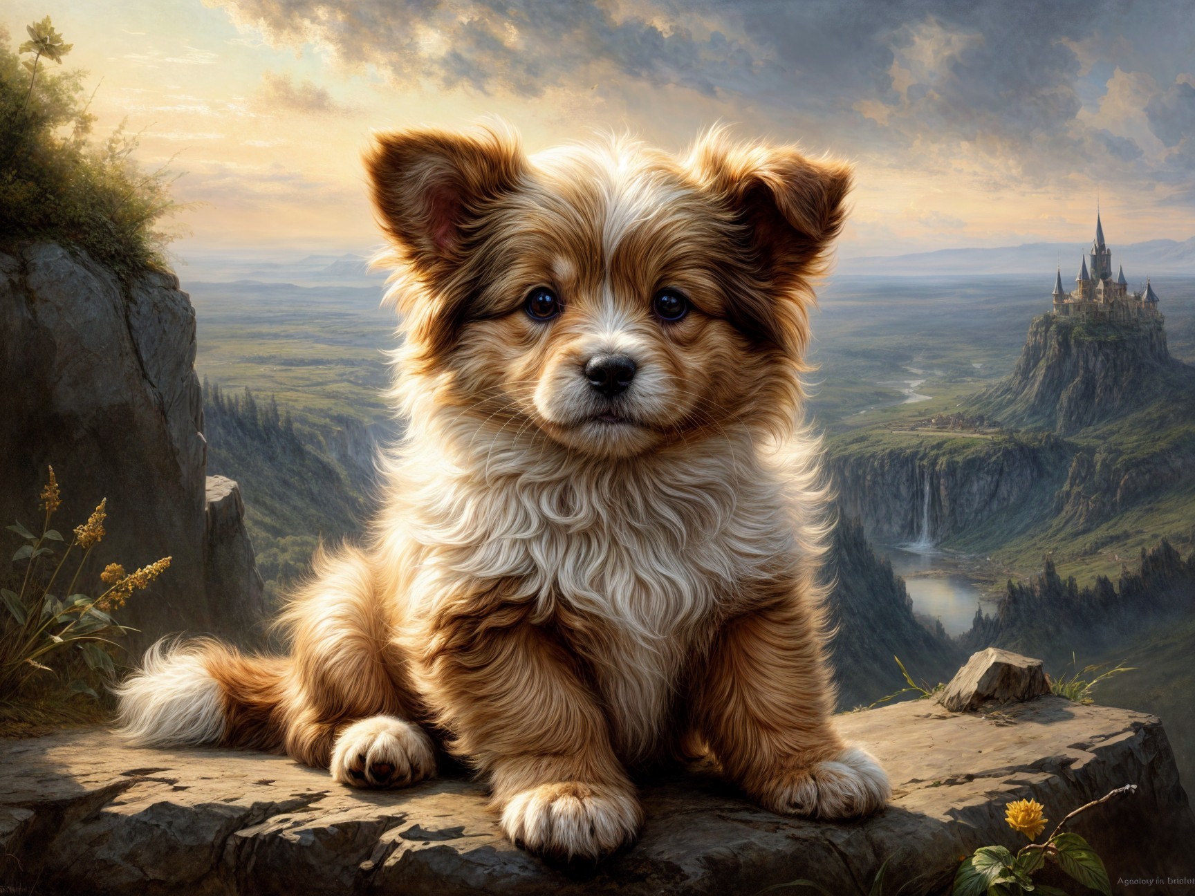 Fluffy Golden-Brown Puppy on Rocky Ledge with Landscape
