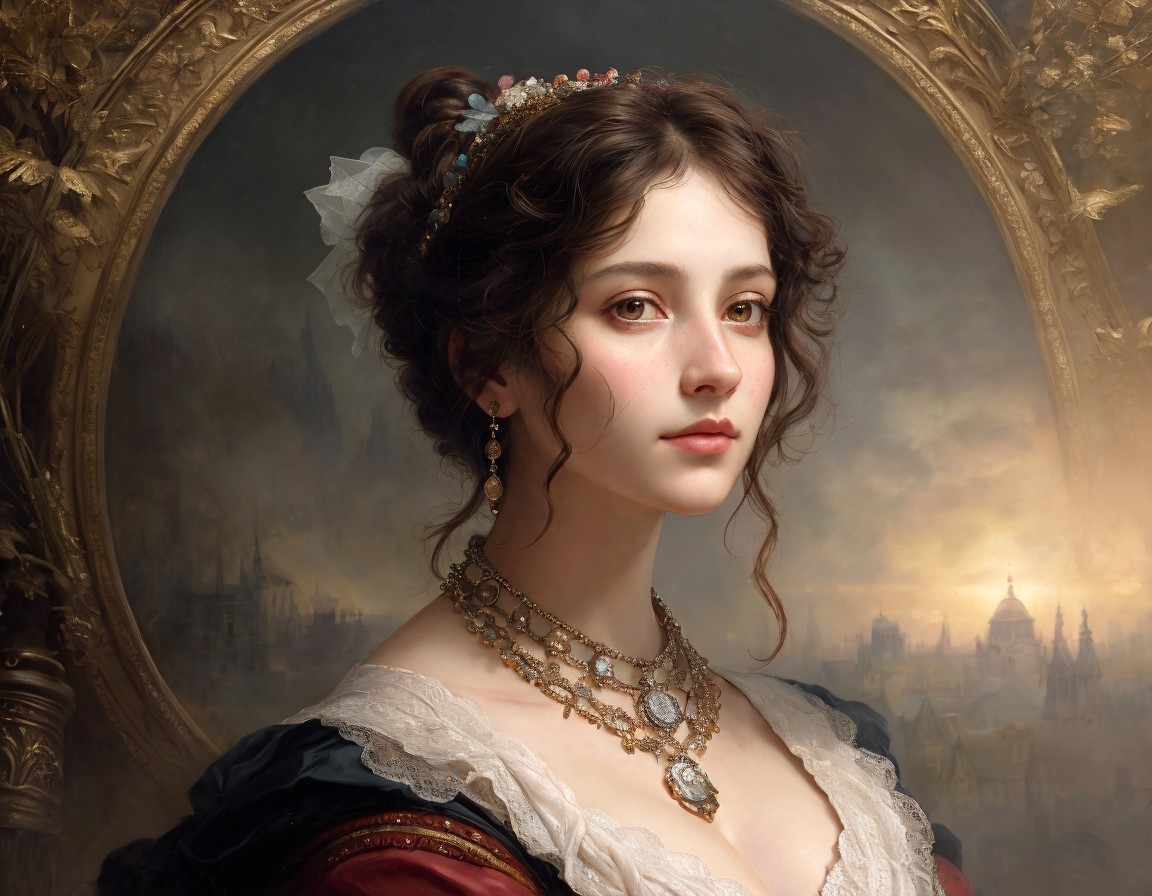 Portrait of young woman with elegant hairstyle in black dress against city backdrop at dusk