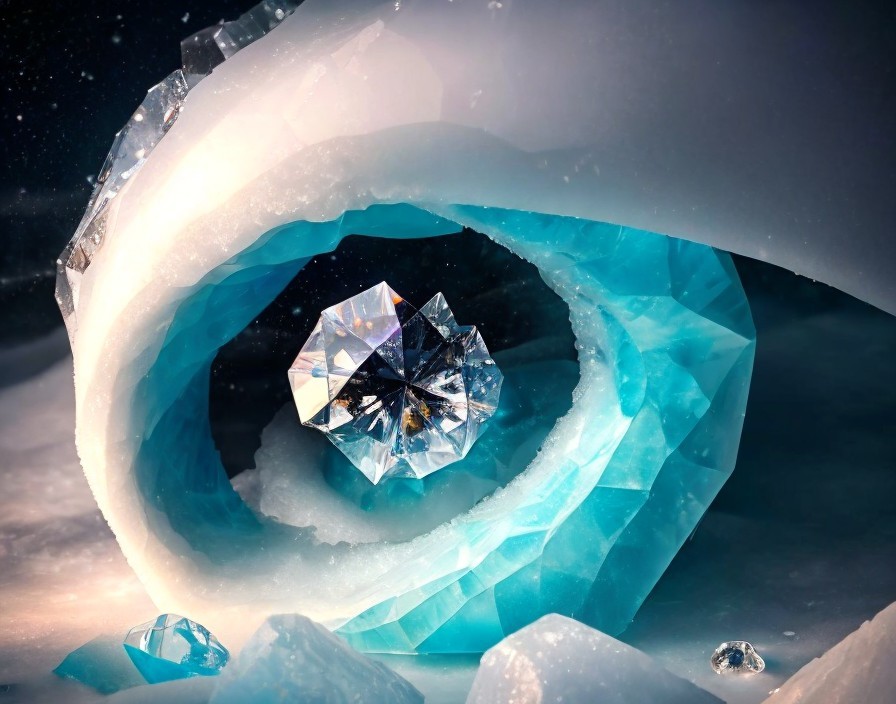 Crystal Diamond in Surreal Icy Blue Cavern Setting