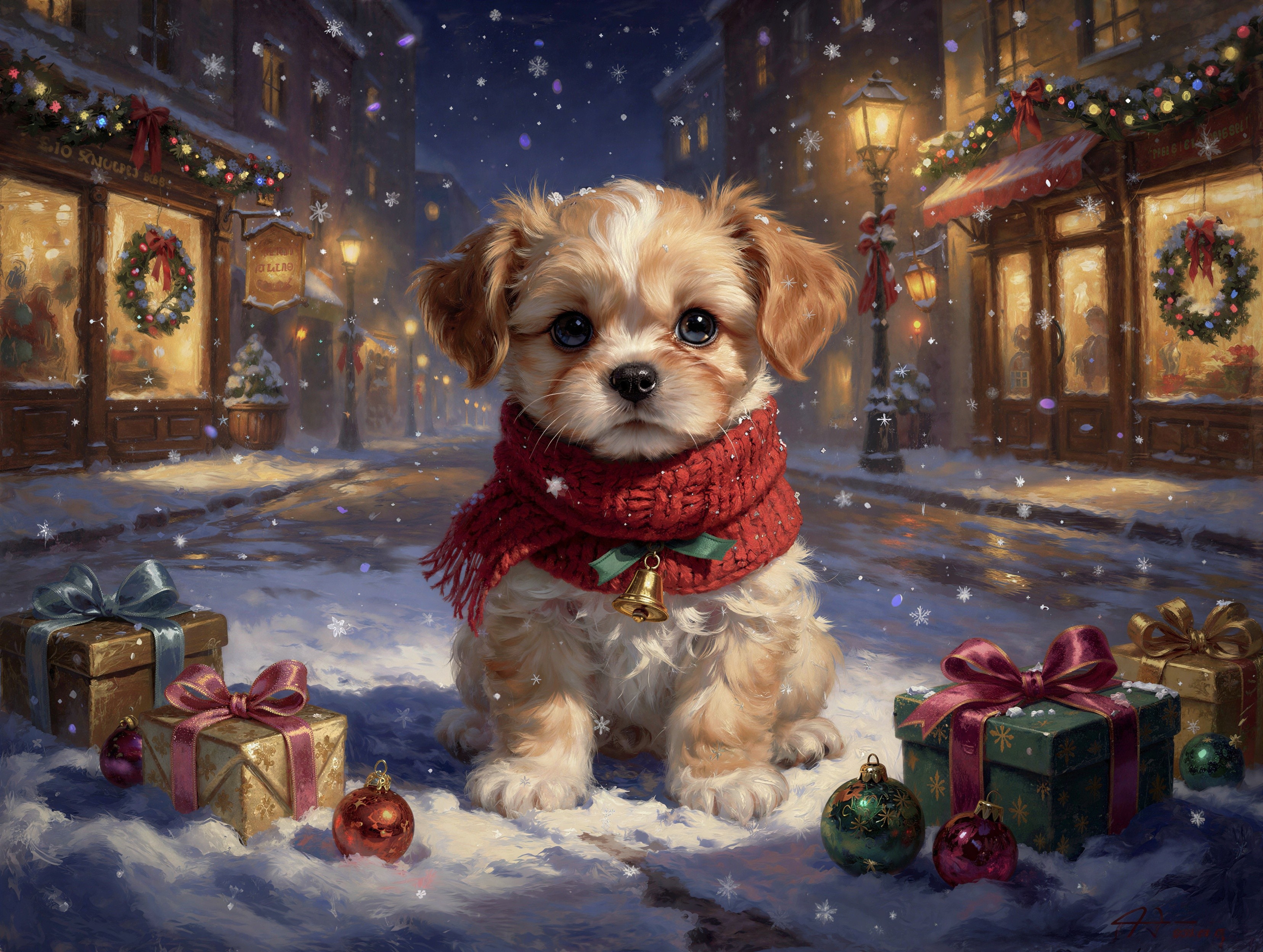 Fluffy puppy in snowy street with Christmas decor