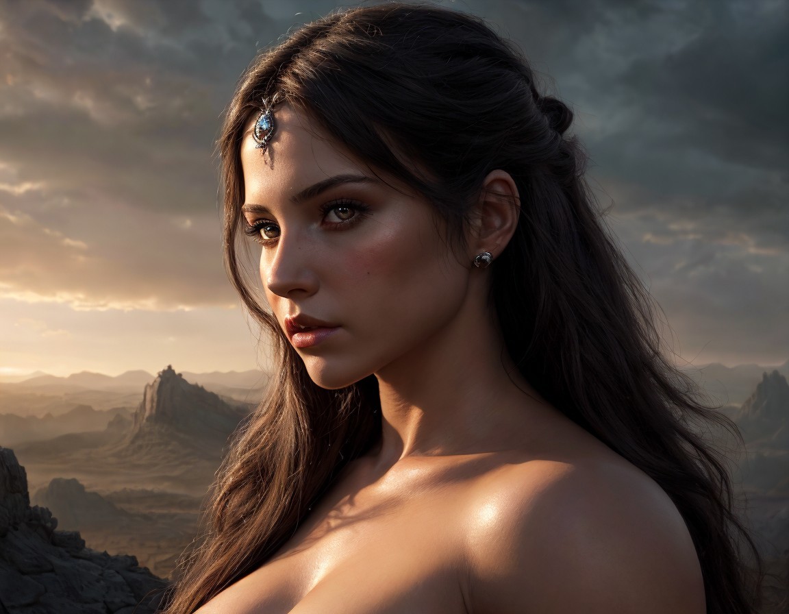 Woman with Dark Hair and Forehead Jewel in Landscape