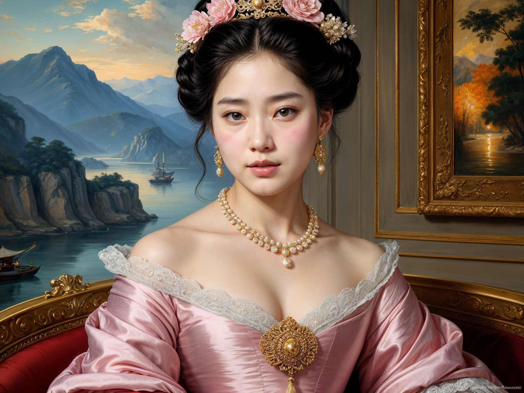 Elegant Portrait of Woman in Pink Gown and Scenic Backdrop