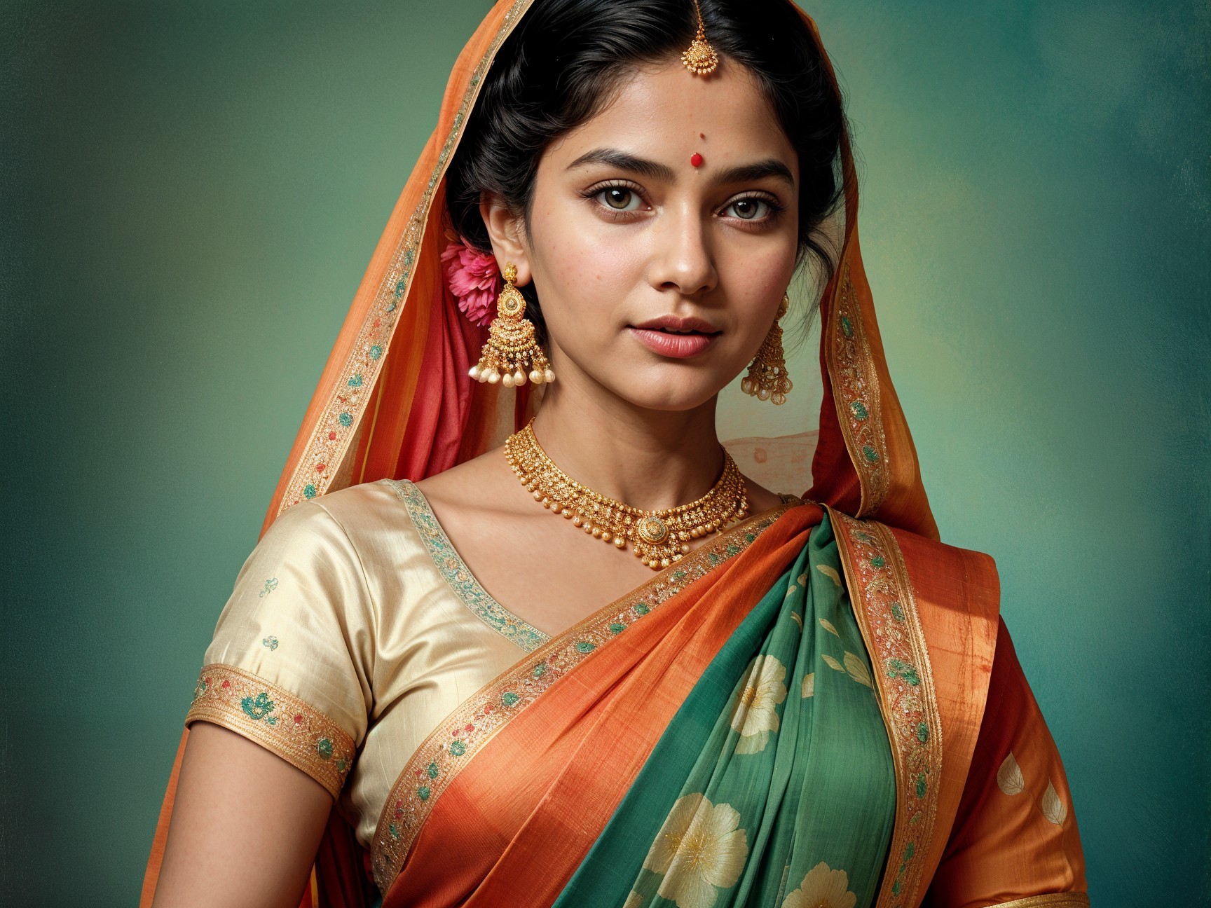 Vibrant Saree with Floral Patterns and Traditional Jewelry