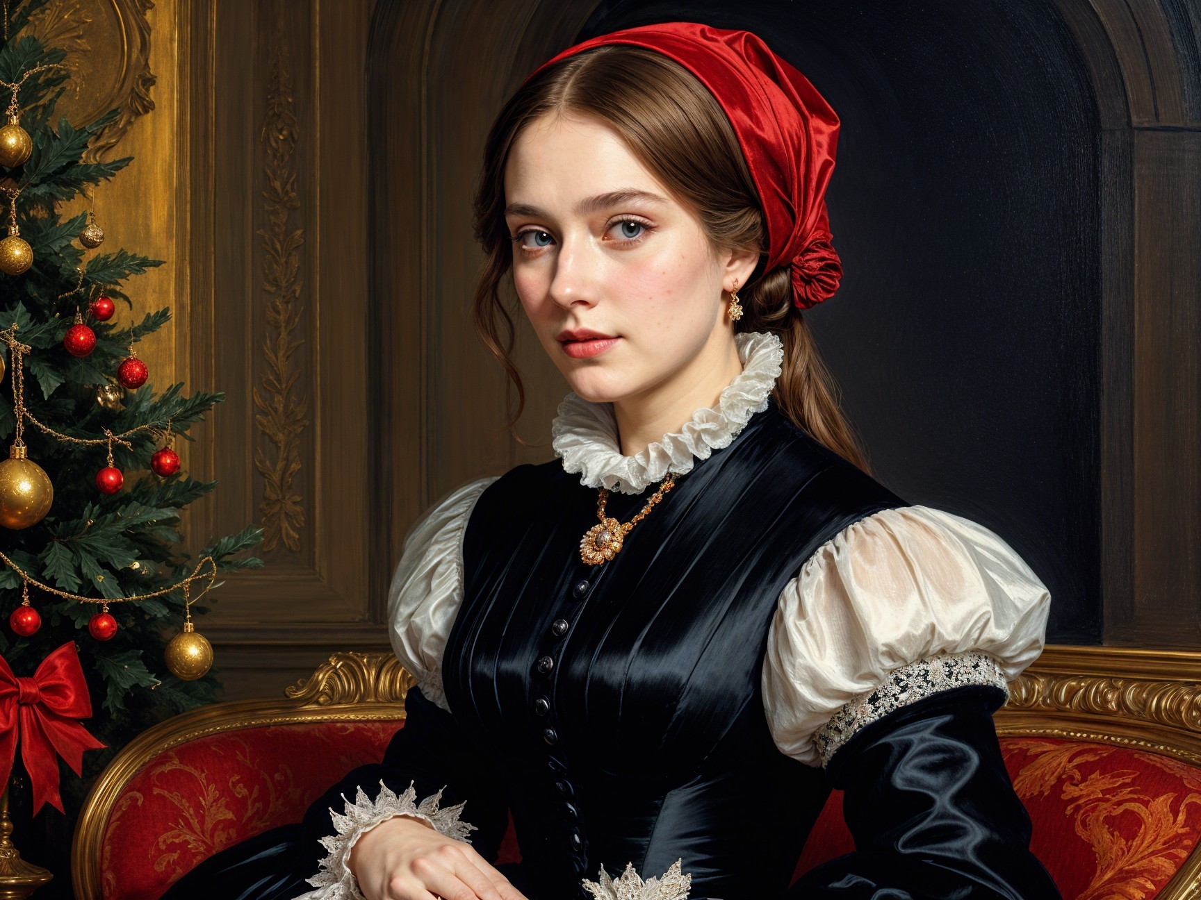 Young Woman in Black Dress by Christmas Tree