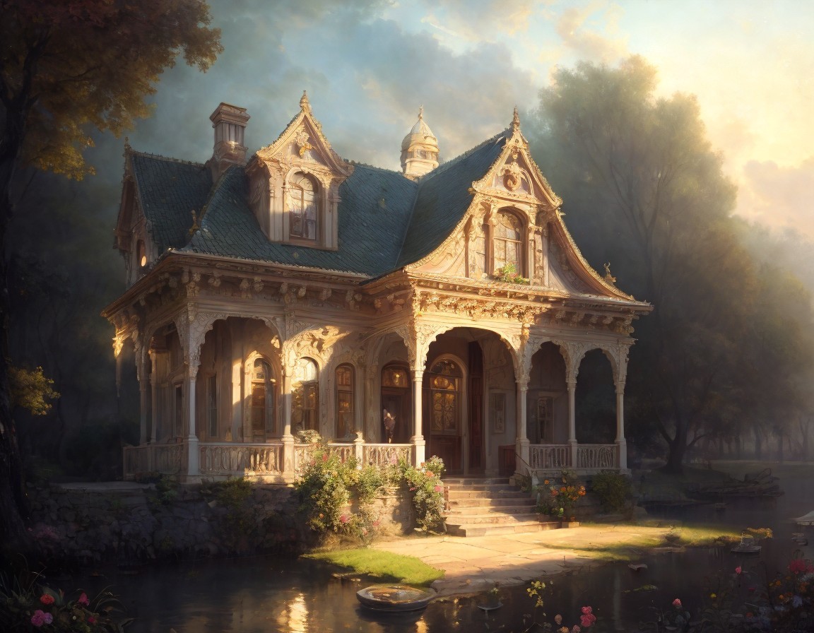 Victorian-style house with pond, trees, and flowers in soft sunlight