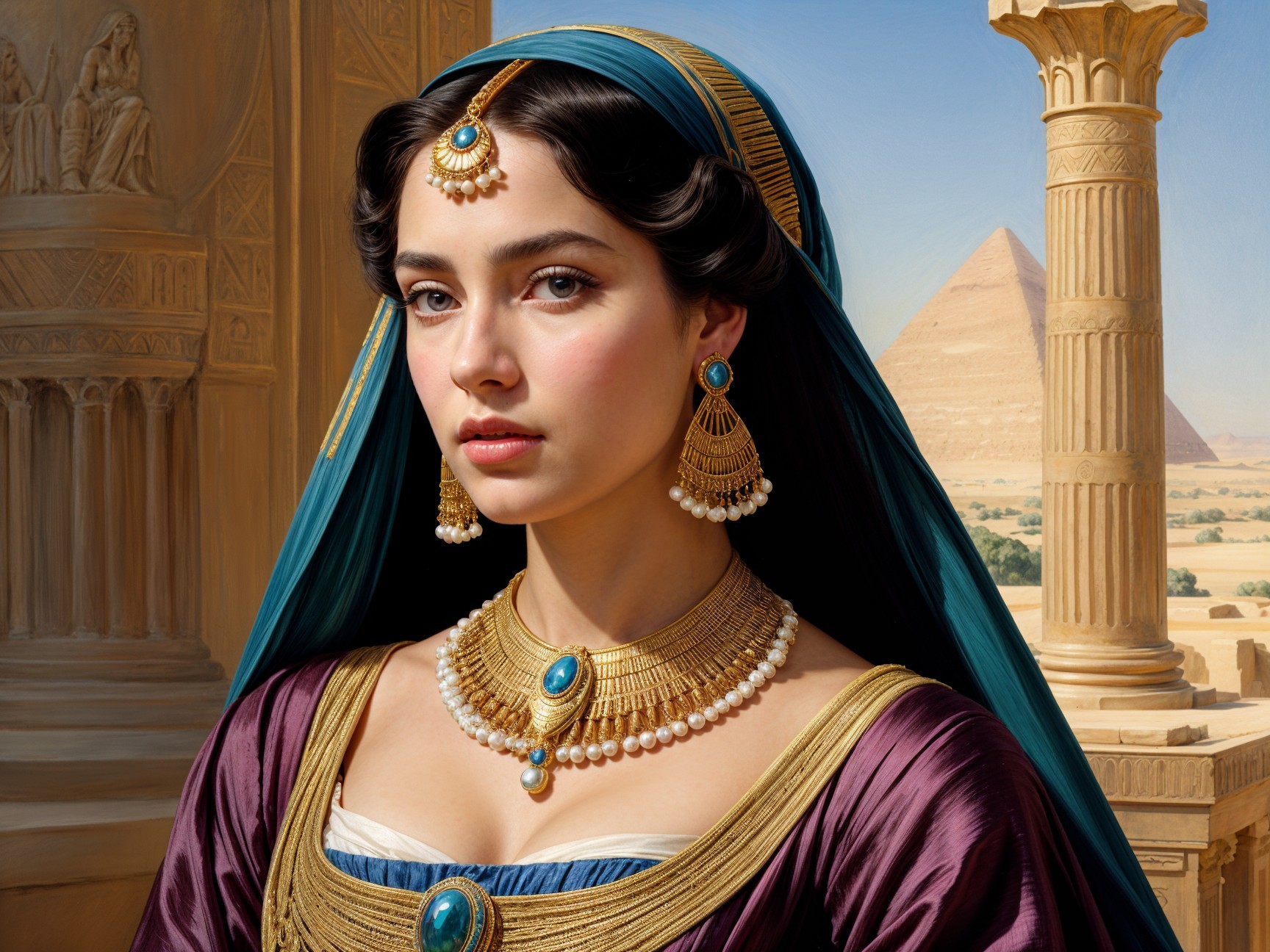 Young Woman in Historical Attire with Pyramids Background