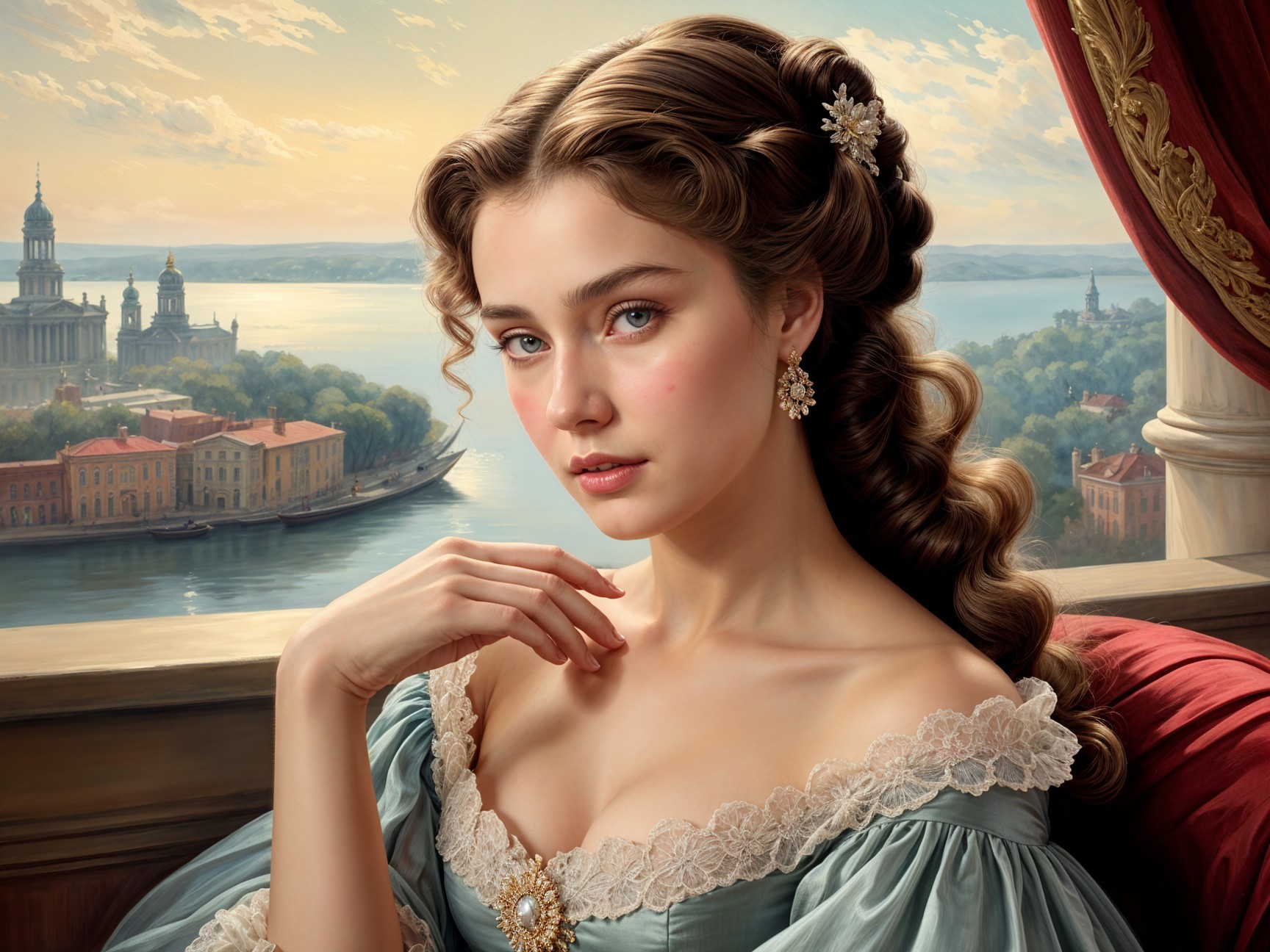 Young woman in elegant gown gazing from grand window
