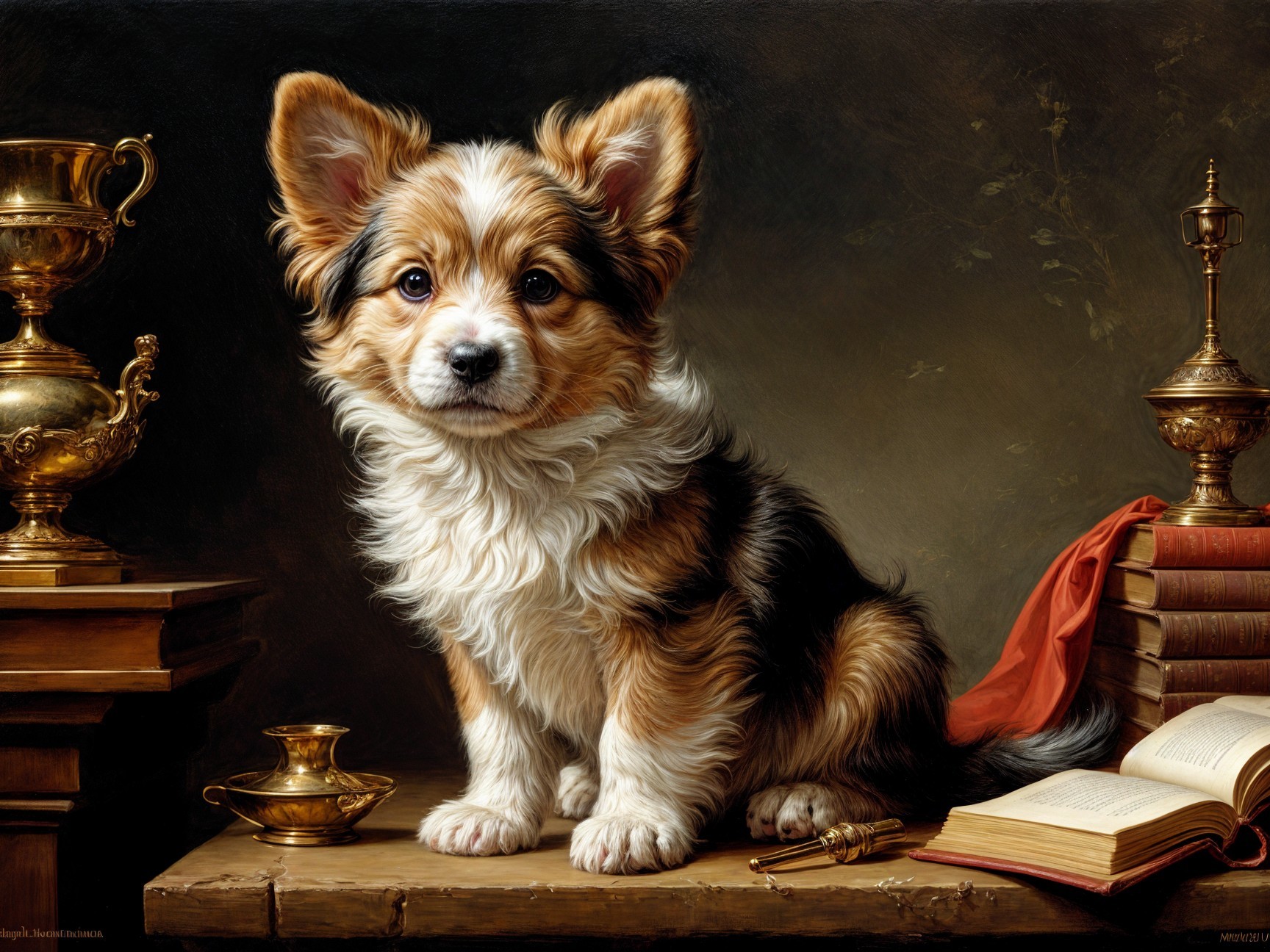 Fluffy tri-color puppy on wooden table with antiques