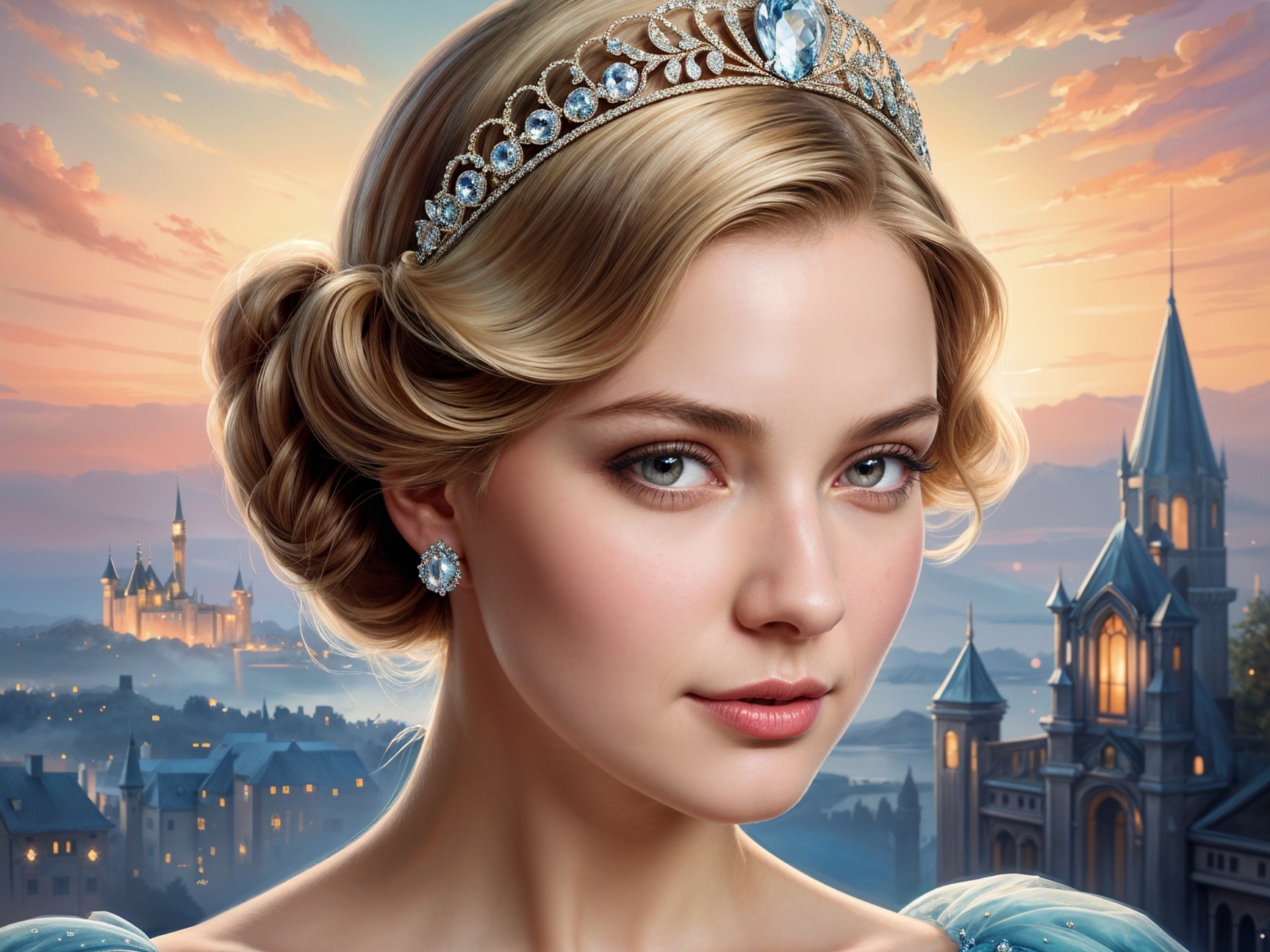 Young Woman with Blonde Hair and Fairytale Castle Backdrop