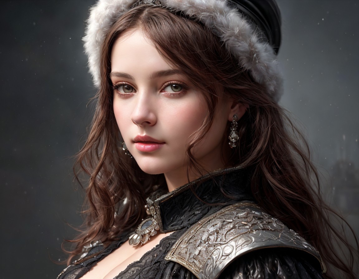 Detailed digital portrait of a woman in medieval-inspired attire with brown hair and fur-trimmed hat.