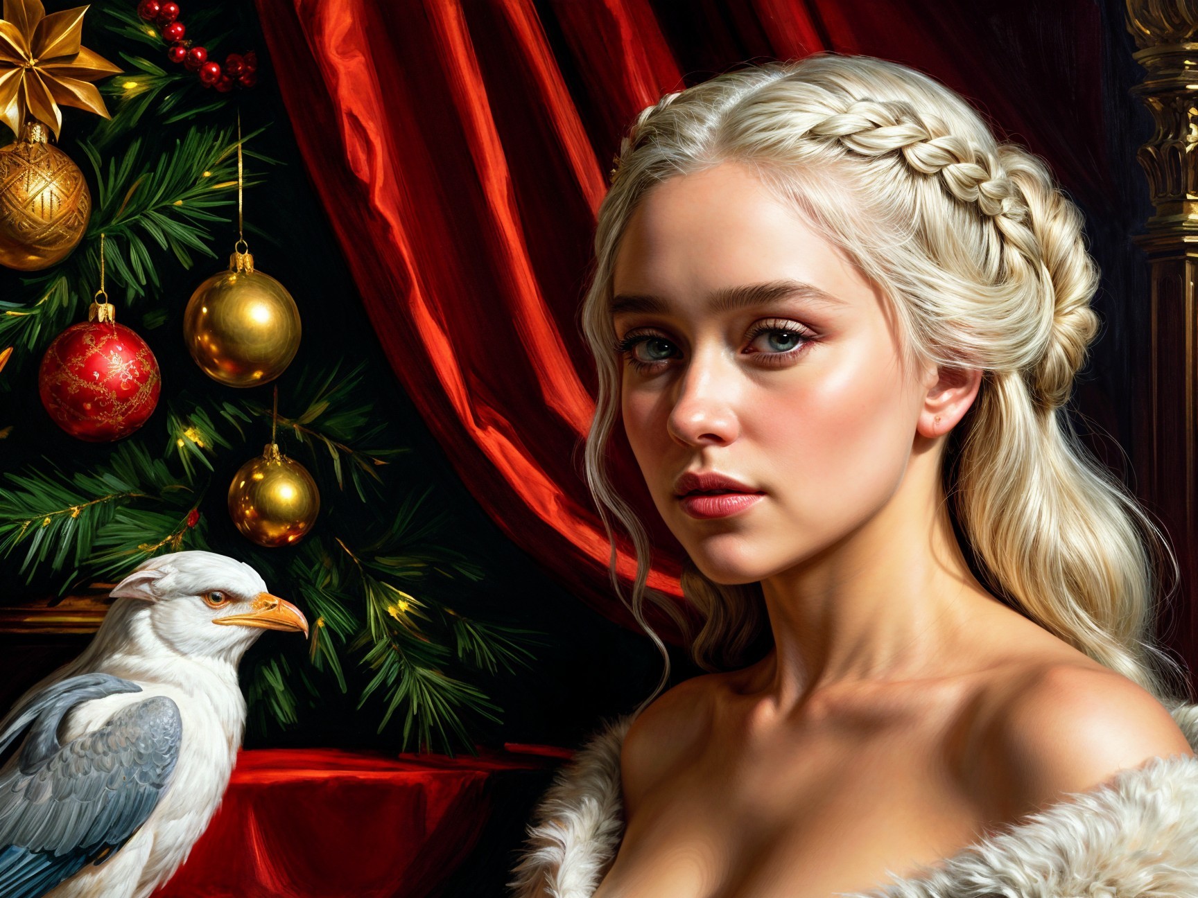 Young woman with blonde hair and white fabrics in holiday setting