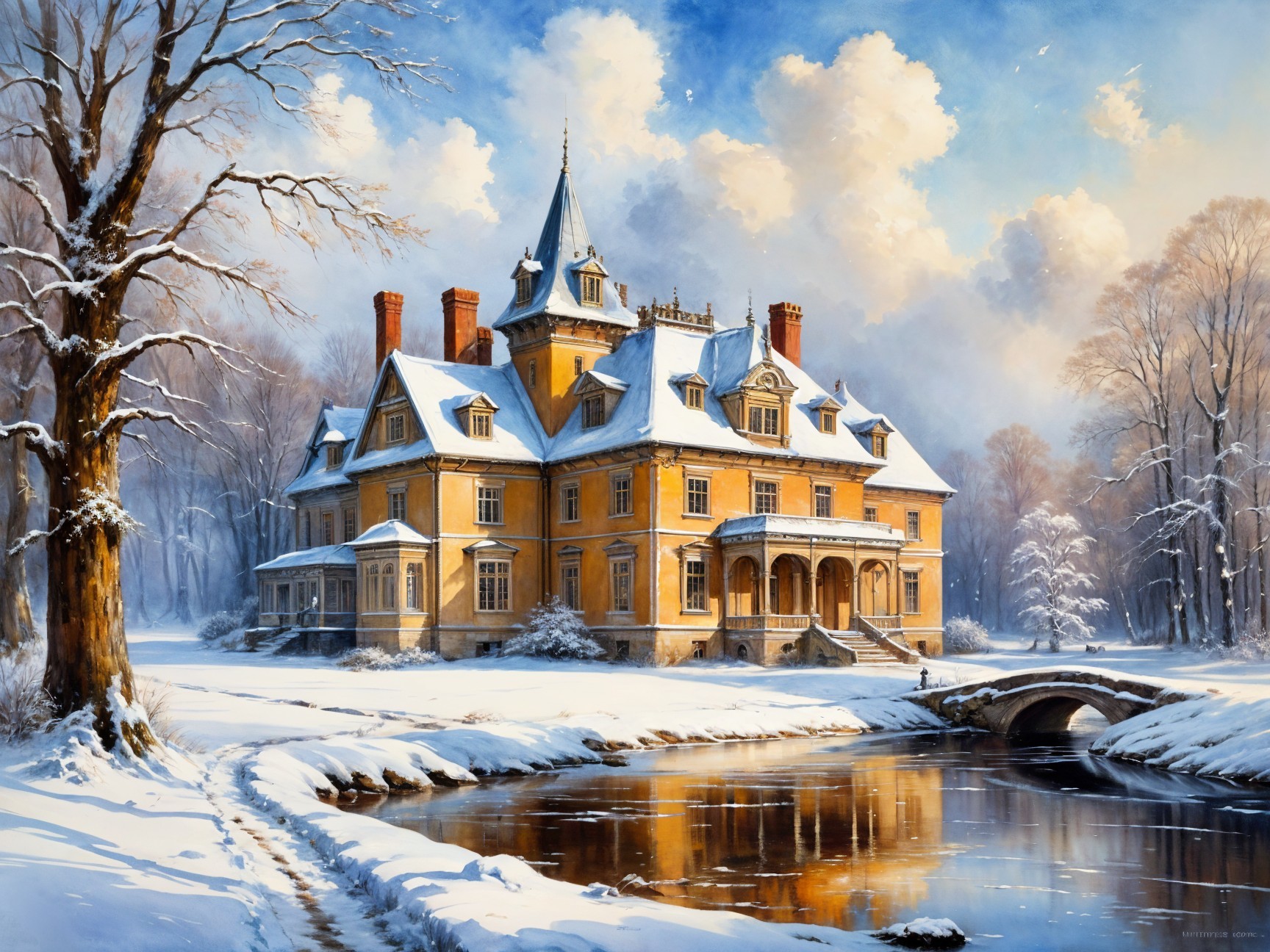 Yellow Mansion in Snowy Landscape with River and Bridge