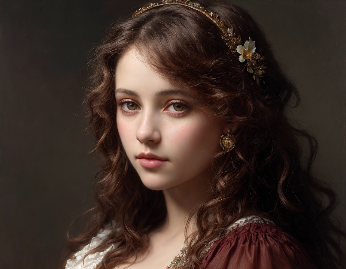Portrait of contemplative young woman with wavy hair and headband.