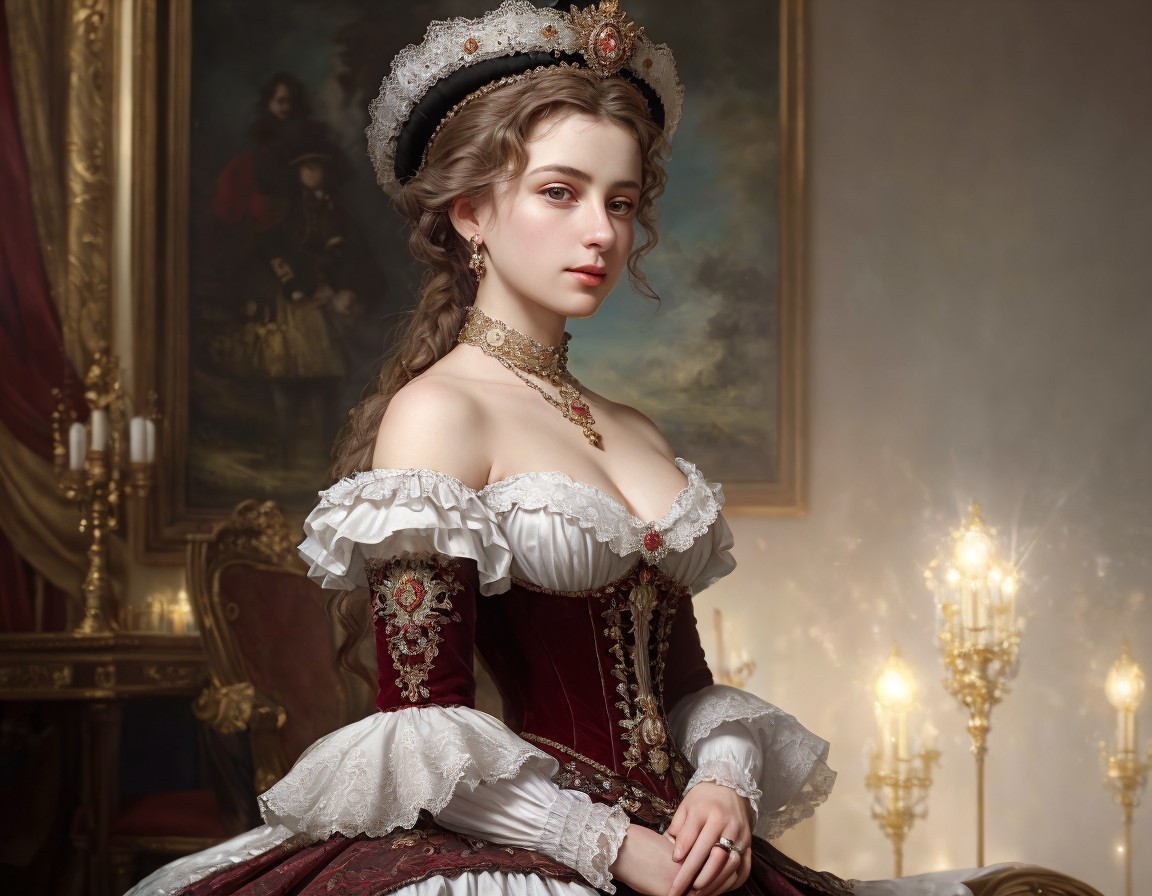 Historical dress woman with crown in luxurious room.