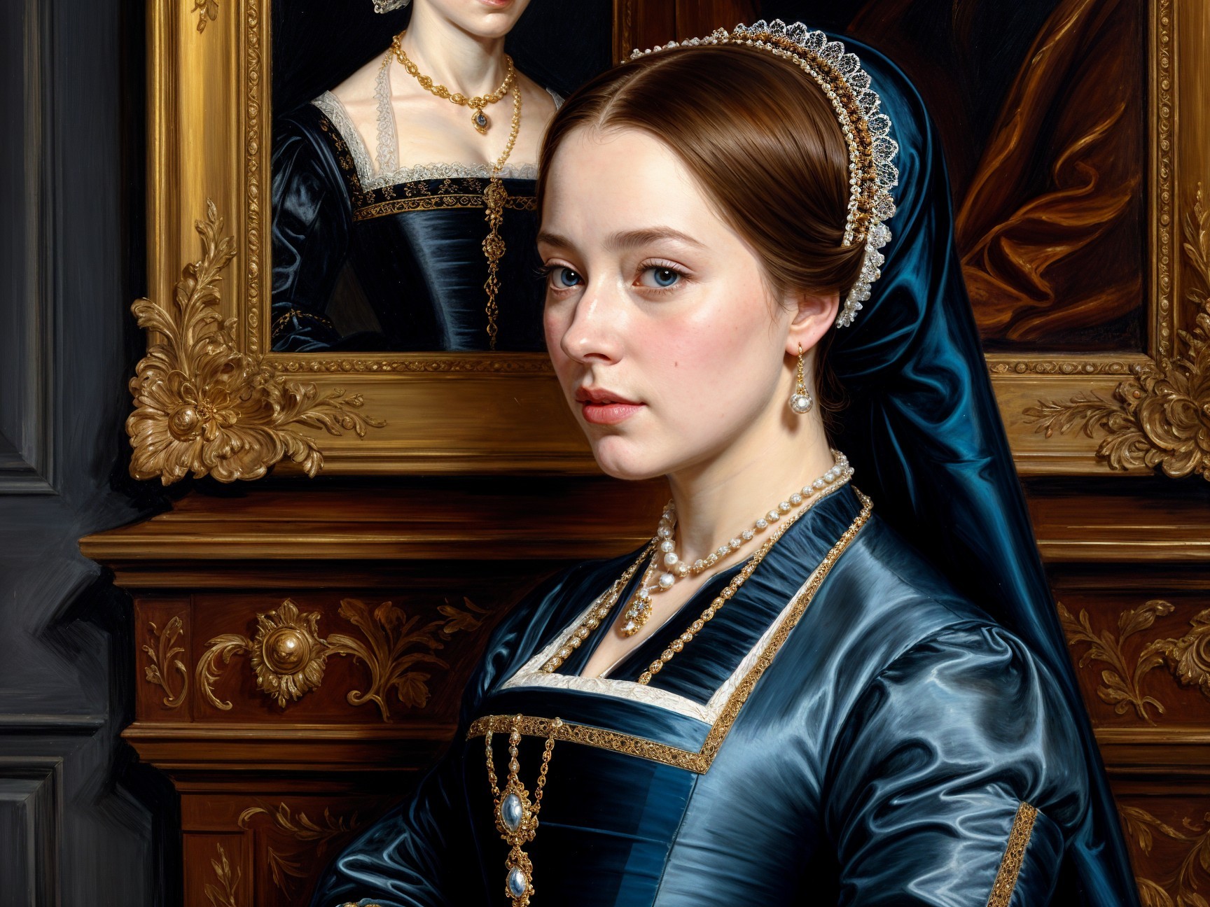 Young woman in dark blue gown framed by gold mirror